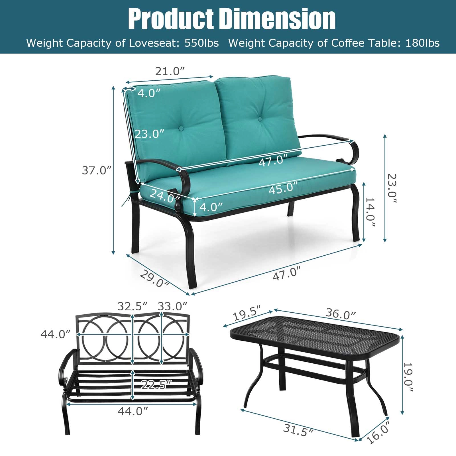 SUGIFT 2-Piece Black Steel Patio Loveseat and Coffee Table Set