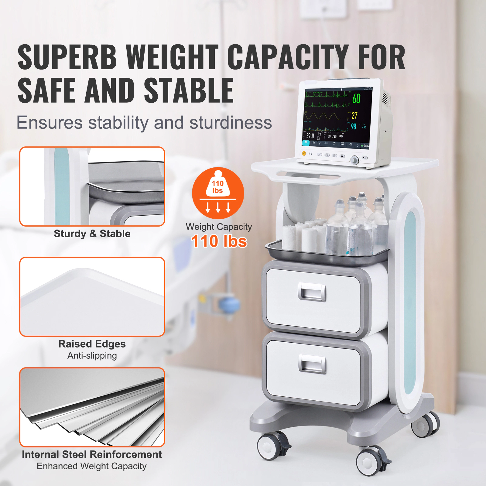 HONGGE Lab Carts Lab Utility Cart with & 1 Top Tray Mobile Medical Cart with ABS Material Lab Rolling Cart with 4