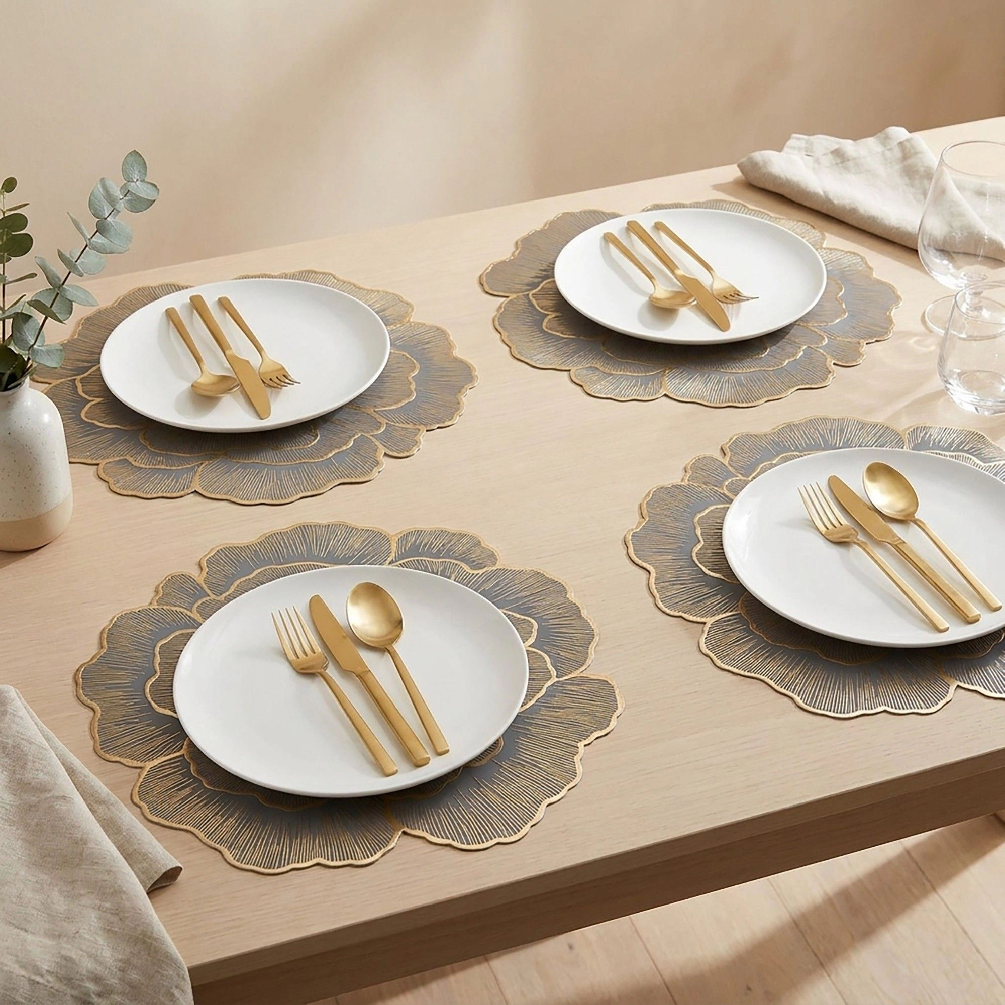 Alilang Unisex 4 Pack Floral Round PVC Placemats Gold Trim Washable Heat Resistant Table Mats