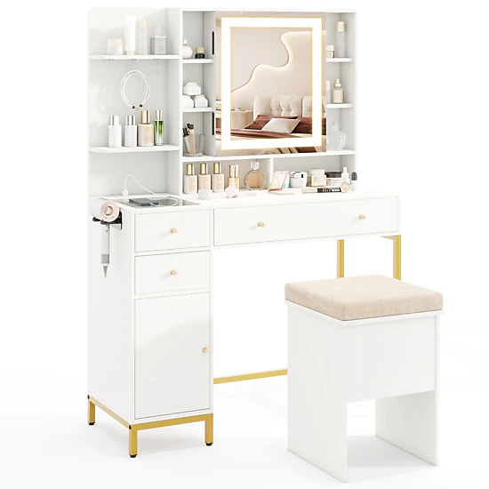 LJG Makeup Dressing Table and Stool Set with 3 Lighting Modes and Cabinet