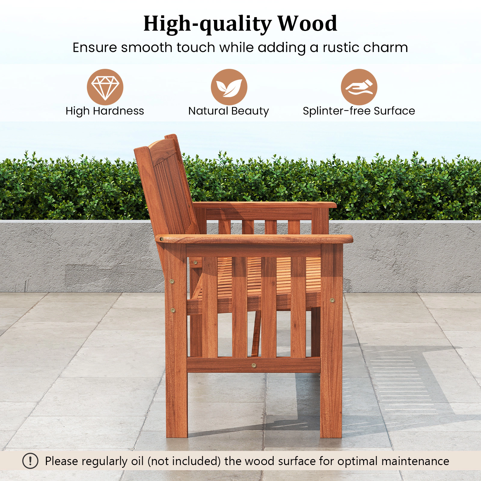 SUGIFT 47-In 2-Person Natural Wood Outdoor Garden Bench with Reclined Backrest