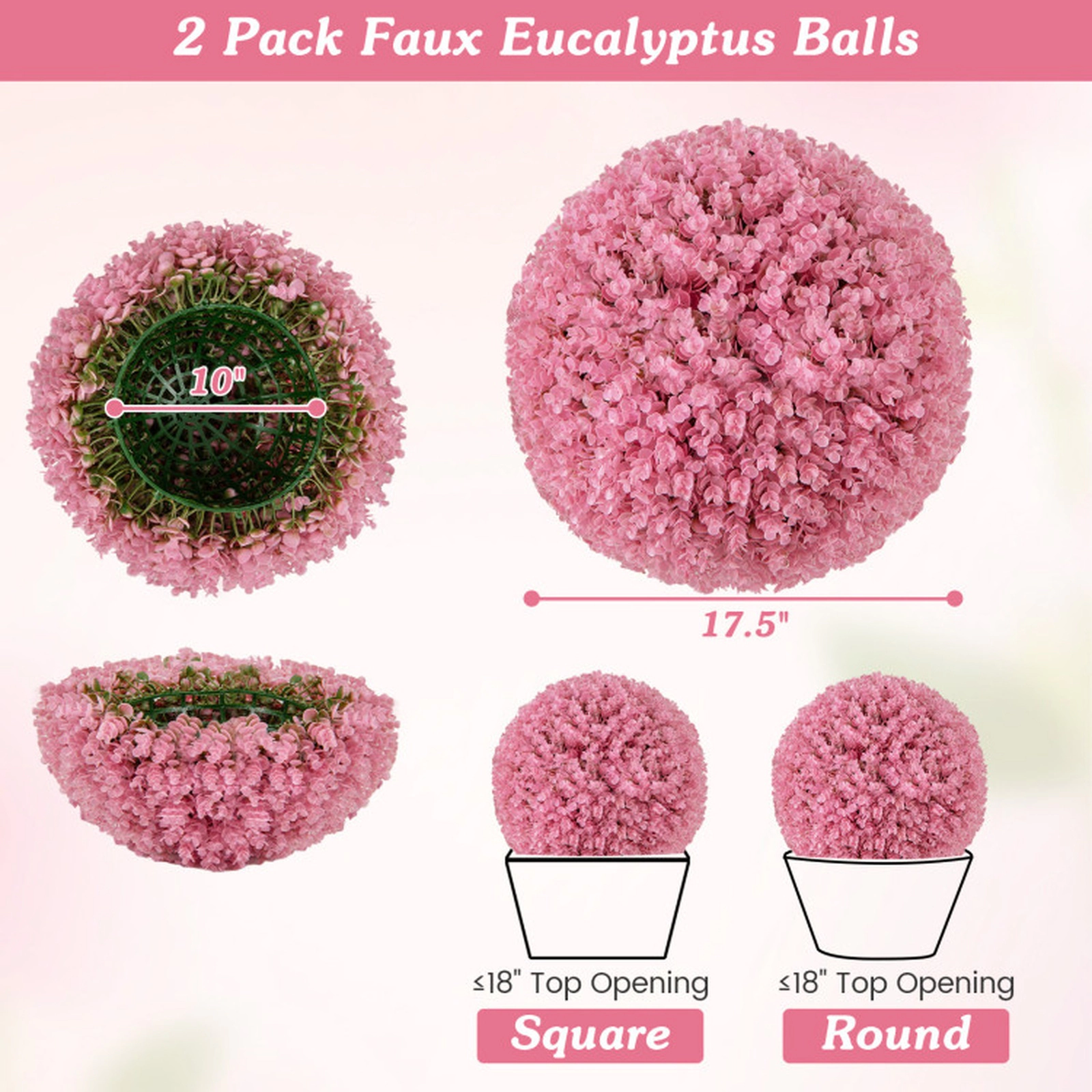 SUGIFT Faux Eucalyptus Decorative Ball Artificial Plant 17.5-in Outer Diameter Pink/Purple