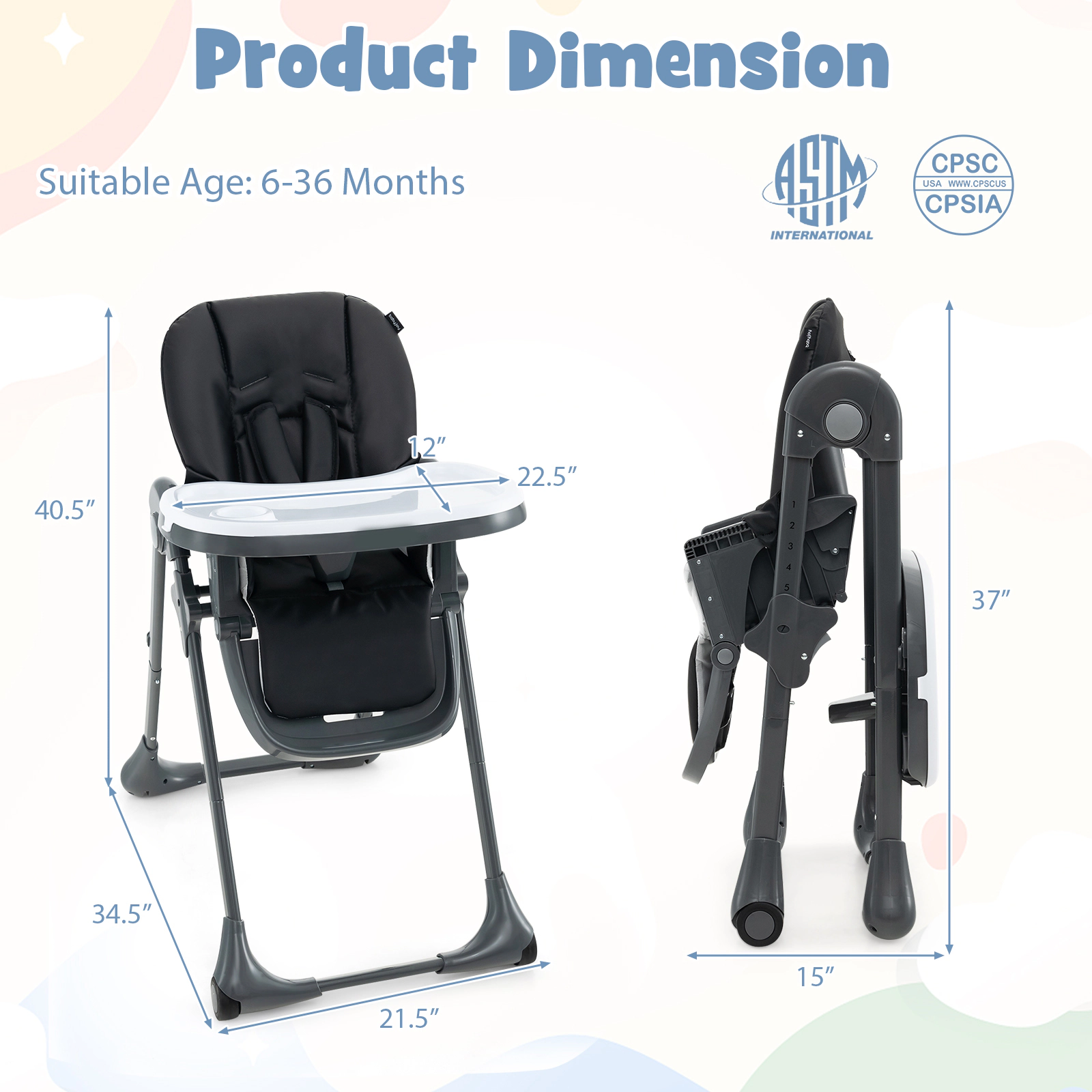 SUGIFT 3-in-1 Convertible Baby High Chair with Adjustable Seat and Tray 33-lb Capacity Ages 6-36 Months Black