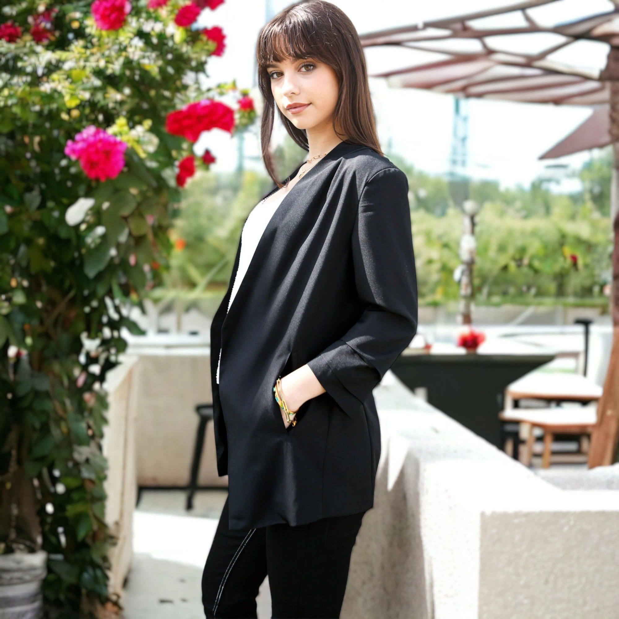 Anna-Kaci Women's Ruched Solid Color Open Front Blazer
