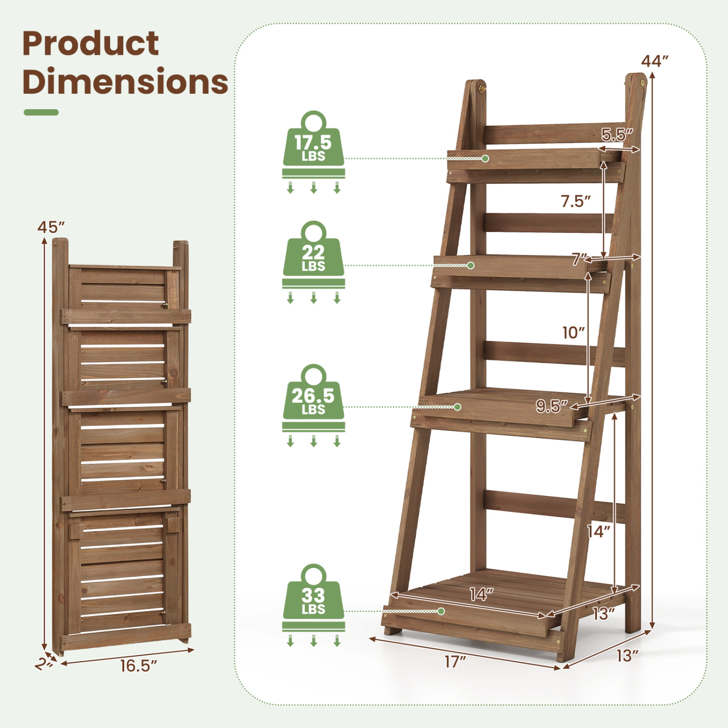 LJG 4-Tier Foldable Plant Stand with Slatted Shelves for Garden