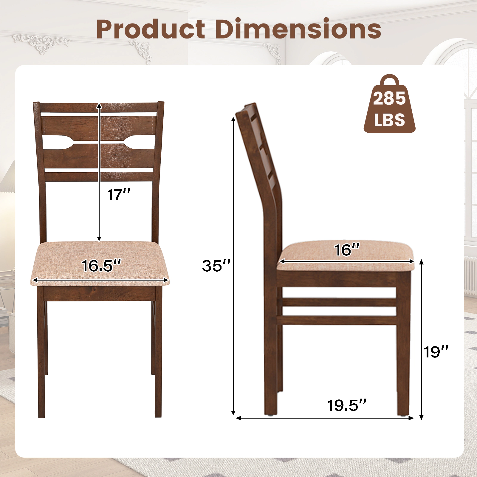 SUGIFT Rubber Wood Frame Dining Chair Set of 2 or 4 with Padded Polyester Seat 285-lb Capacity Deep Brown+Light Brown