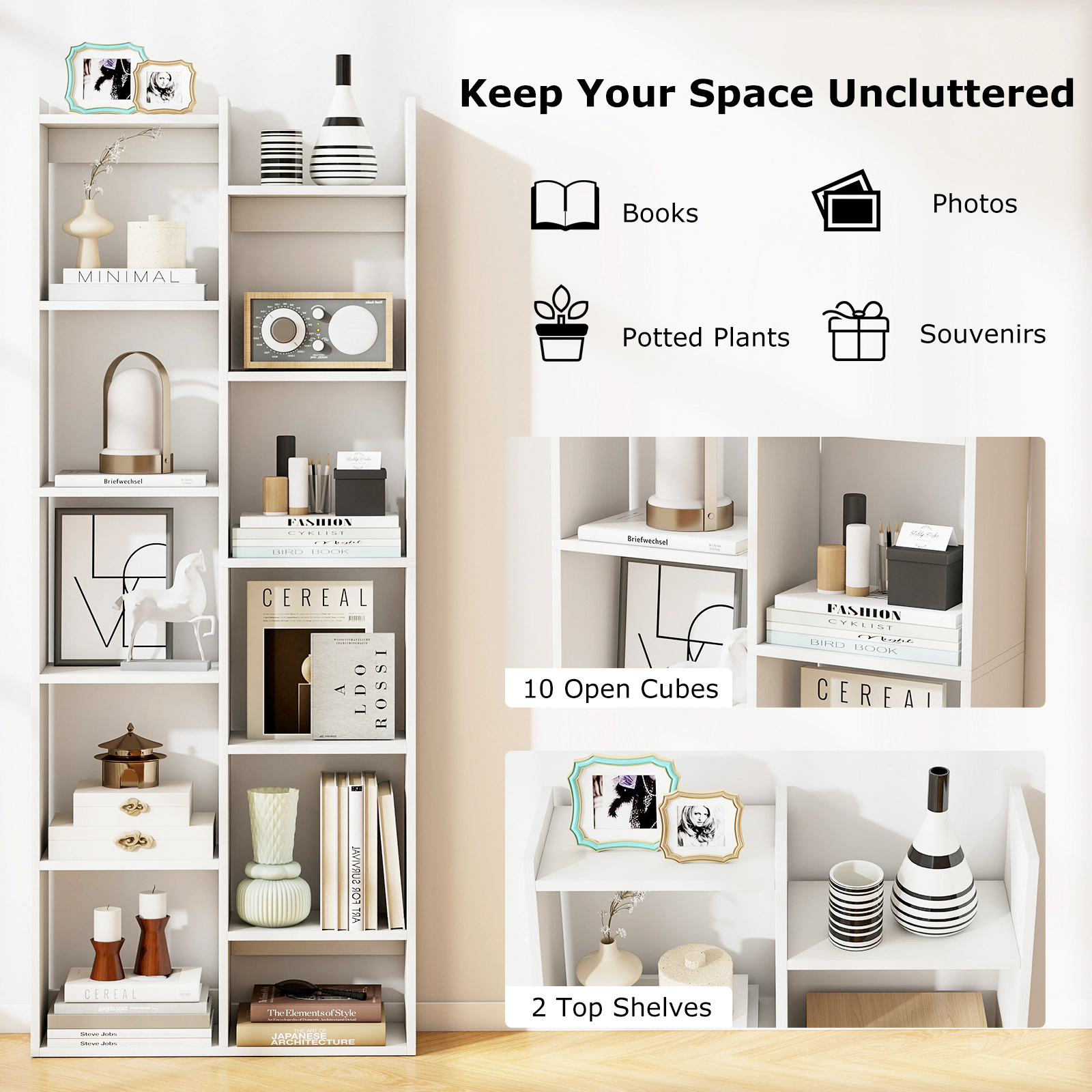 Costway 11-Tier Bookcase w/Anti-Tipping Kits Wood Display Shelf Tree-Shaped Bookshelf White