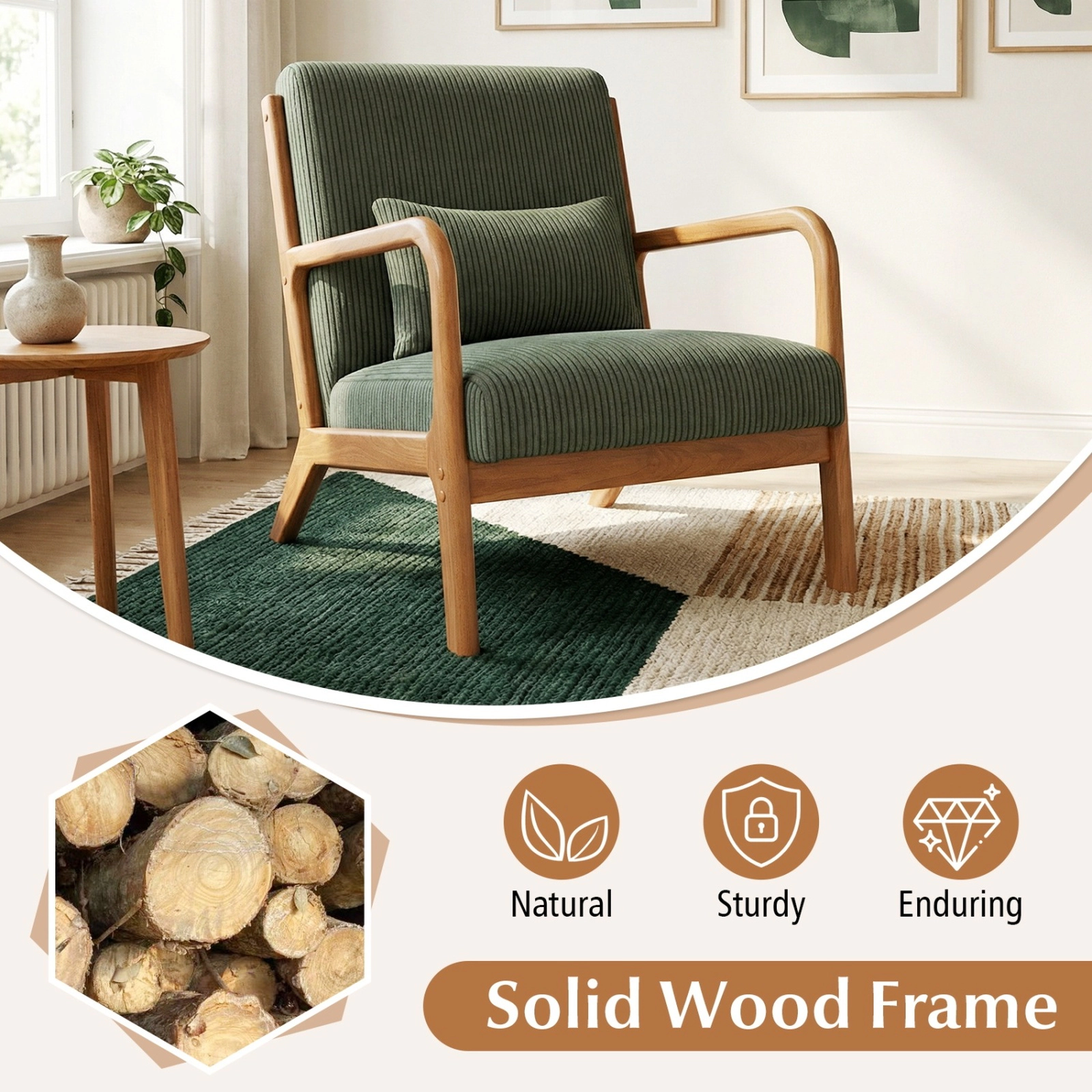 SUGIFT Lumbar Pillow and Wood Frame 350-lb Corduroy Upholstered Lounge Accent Chair