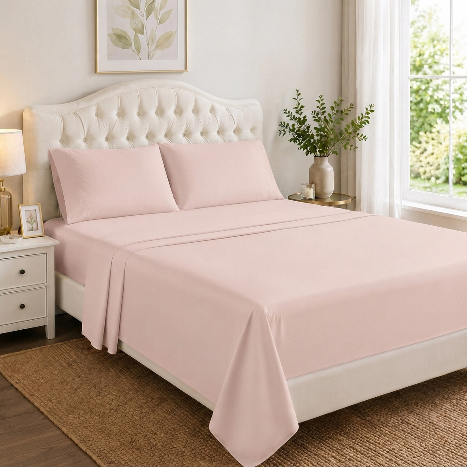 RT Designers Collection 300 TC 100% Organic Cotton Lightweight 4 Piece Solid Sheet Set Queen Rose