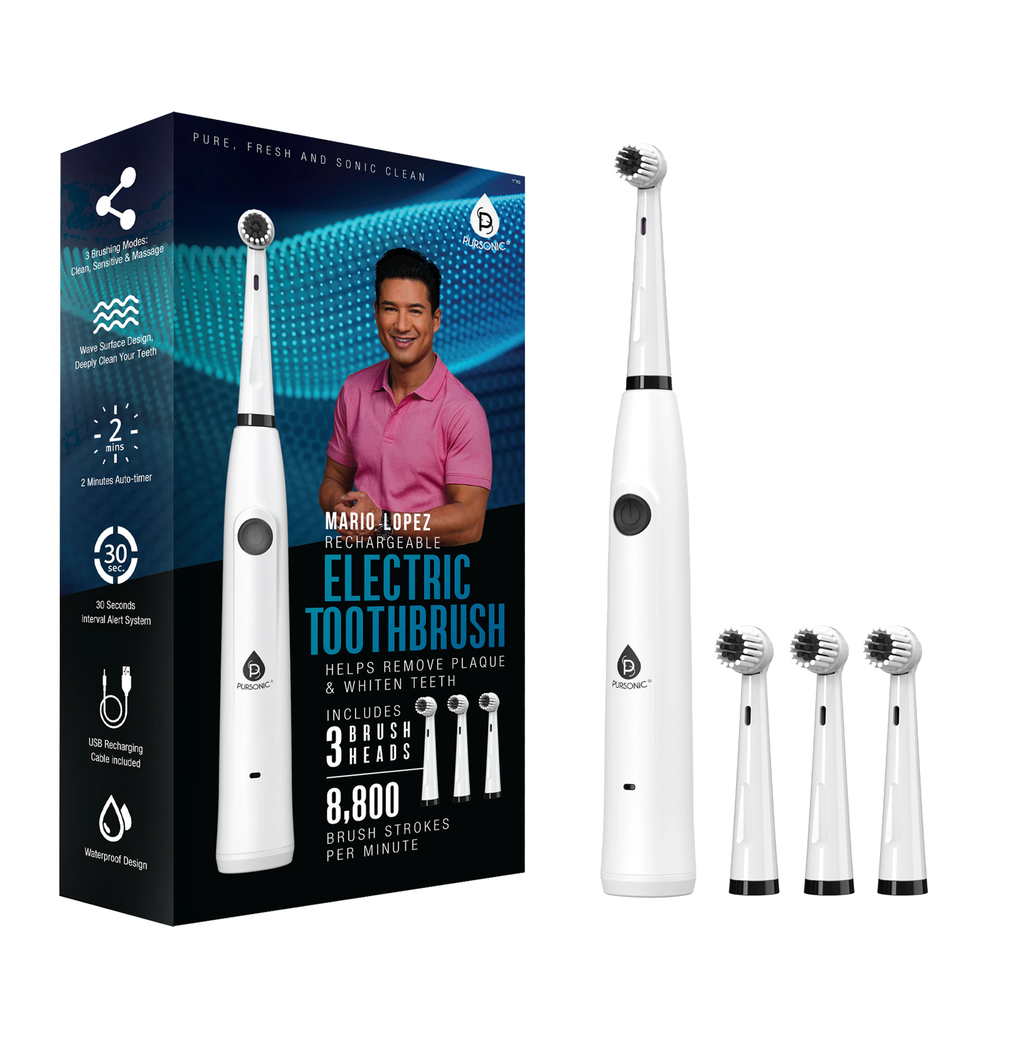Pursonic Unisex USB Rechargeable Sonic Electric Toothbrush with UV Sanitizer, 3 Modes & 3 Brush Heads