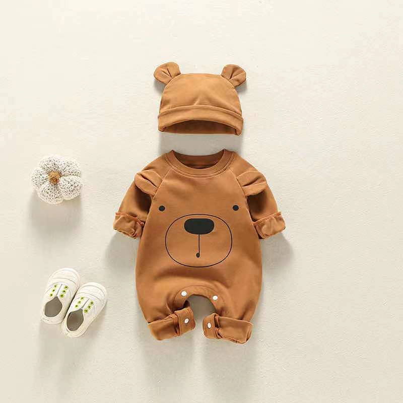 MyKids-USA Baby Girl Bear Print Pattern Solid Color Long-Sleeved Rompers With Hat In Spring & Autumn
