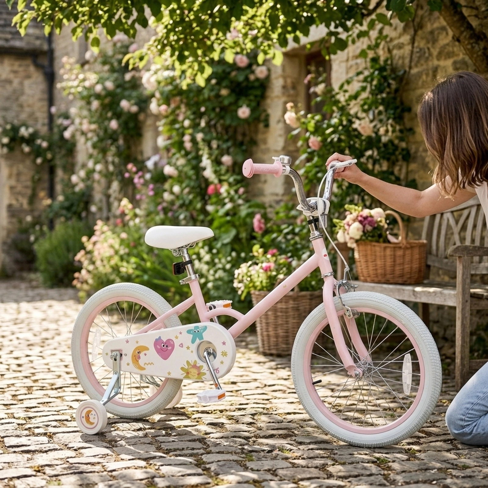 18-in Girls Bike Kickstand 2 Removable Training Wheels Dual Brake 132-lb Seat Capacity Kids Ages 4-8 Pink Stars/Moon