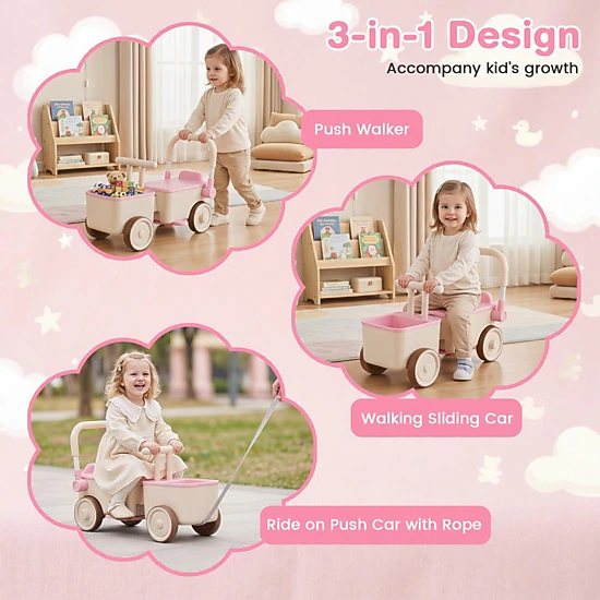Hivvago 3-In-1 Kids Ride On Push Car With Rope And Storage Basket