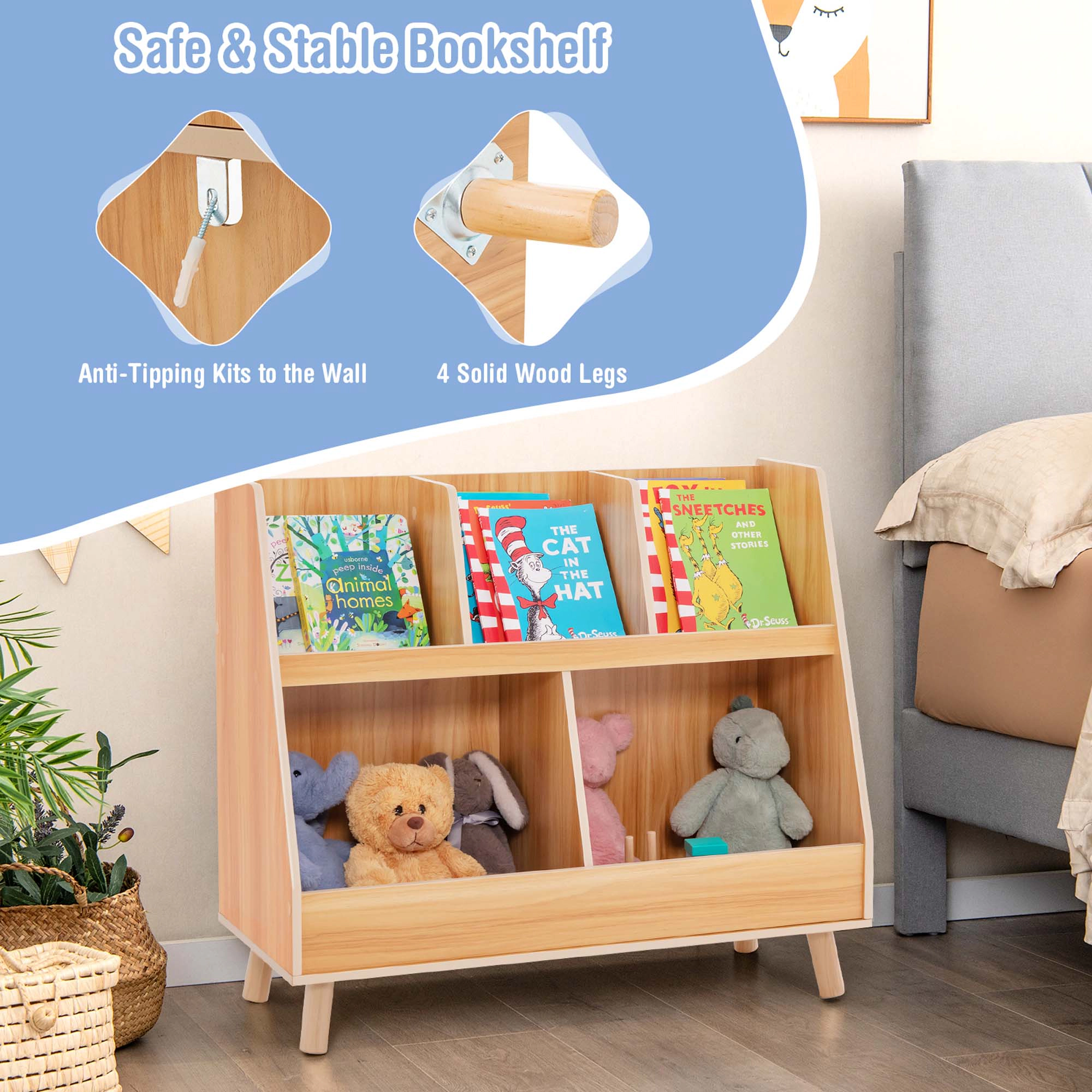 Costway 5-Cube Kids Bookshelf and Toy Organizer Storage Bookcase with Plastic Legs White