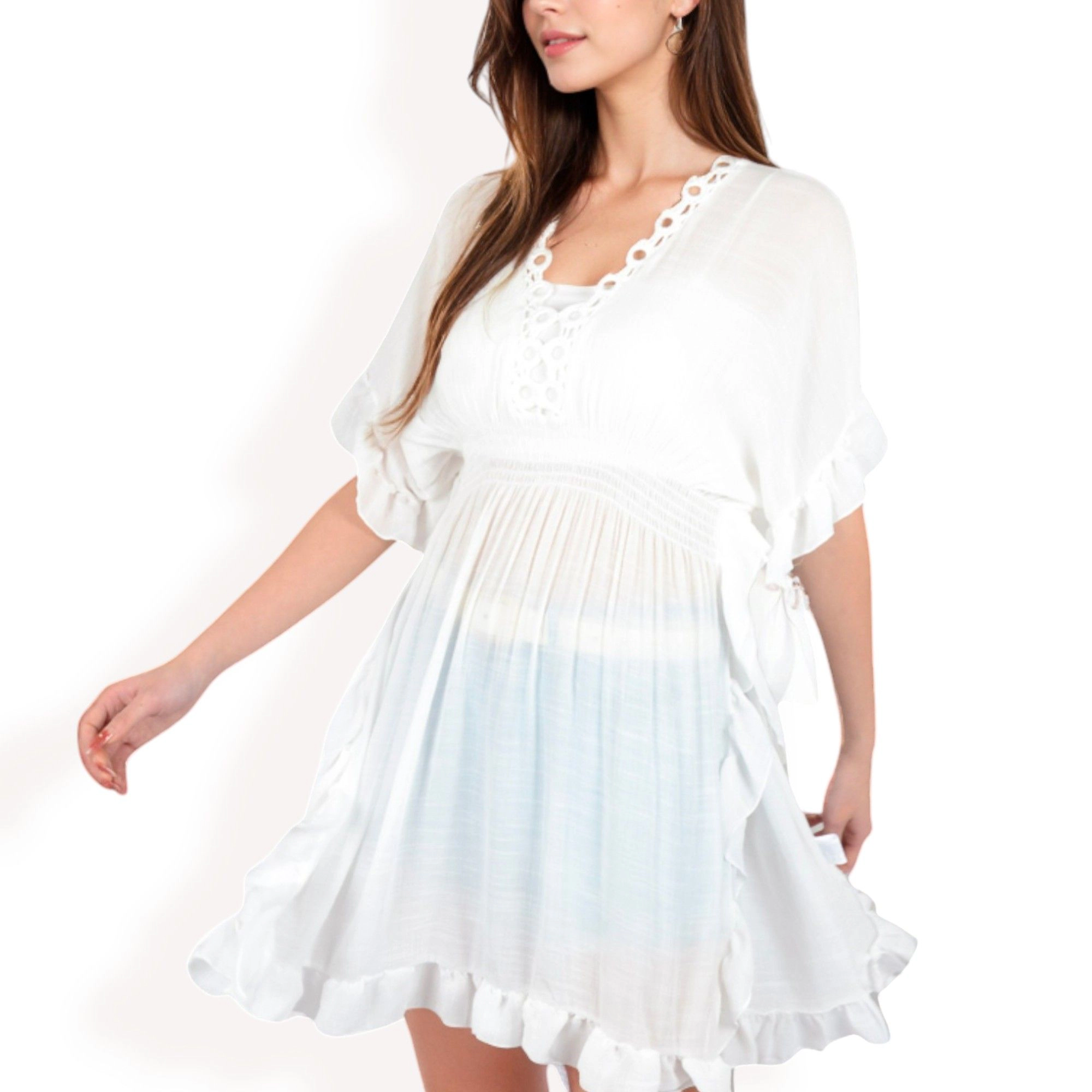 Anna-Kaci Women's Flutter Sleeve A-Line Dress with Crochet Trim V-Neck and Smocked Waist