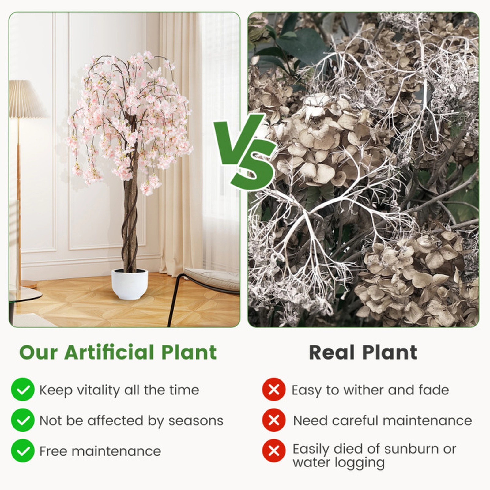 SUGIFT 5.5-ft Artificial Cherry Blossom Tree with Pink/White Flowers 65-in Tall with Cement-Filled Pot 1-Pack Pink/White