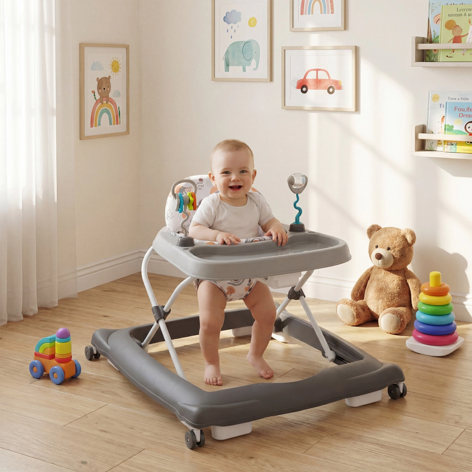 SUGIFT Foldable Baby Walker Gray with Removable Feeding Tray and Shape Sorter Toys
