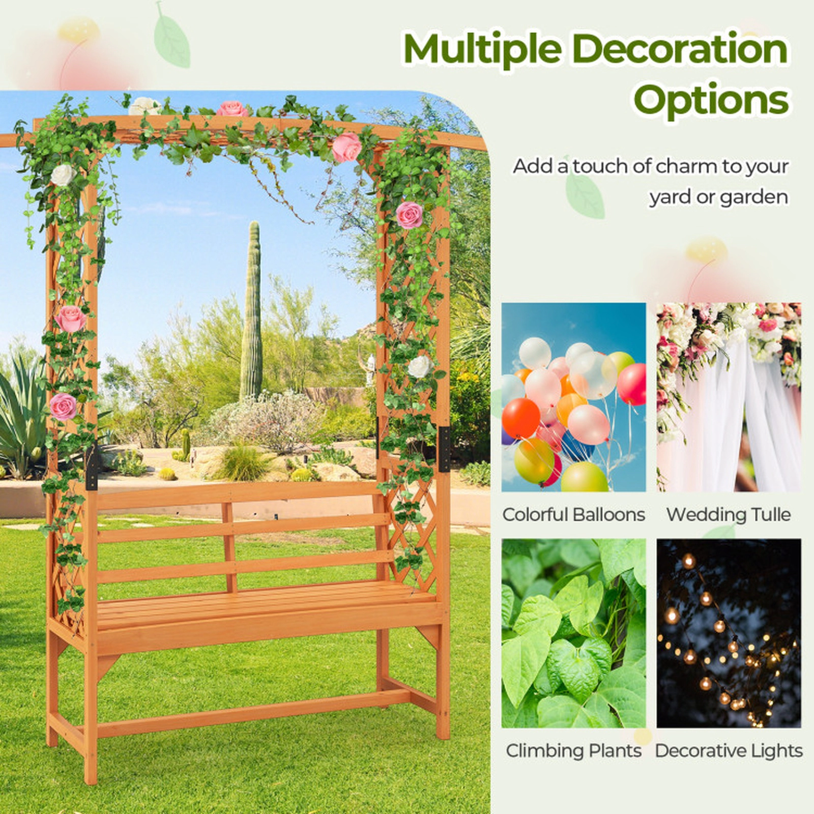 SUGIFT 6.5-ft Tall Fir Wood Patio Garden Arbor with Pergola and 2-Seat Bench 660-lb Capacity 63-in Wide Yellow