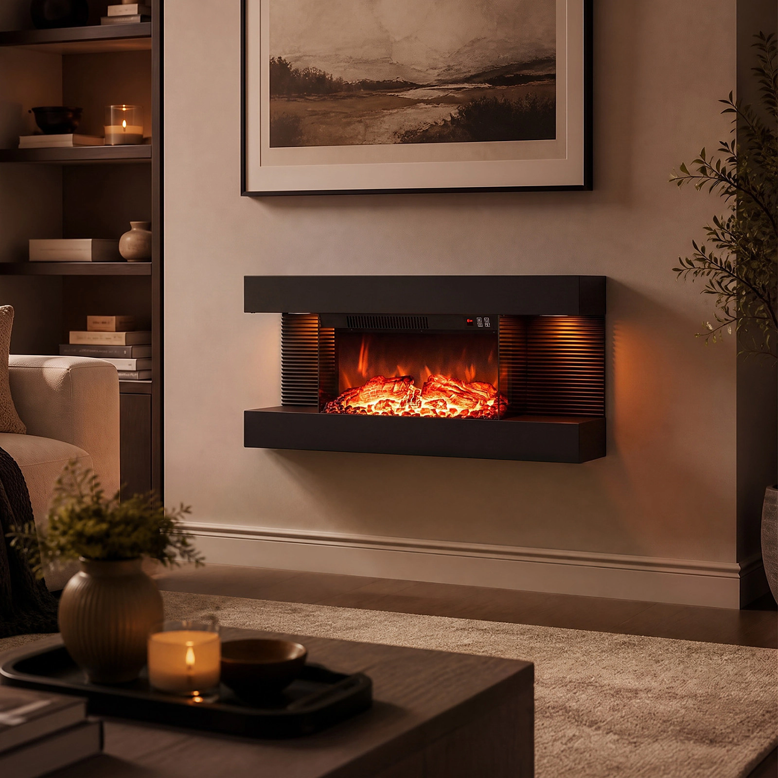 SUGIFT 32-in 3-Sided Floating Mantel 12 Side LED Colors Wall Mount Electric Fireplace 32.3-in x 8.1-in x 16.5-in Black