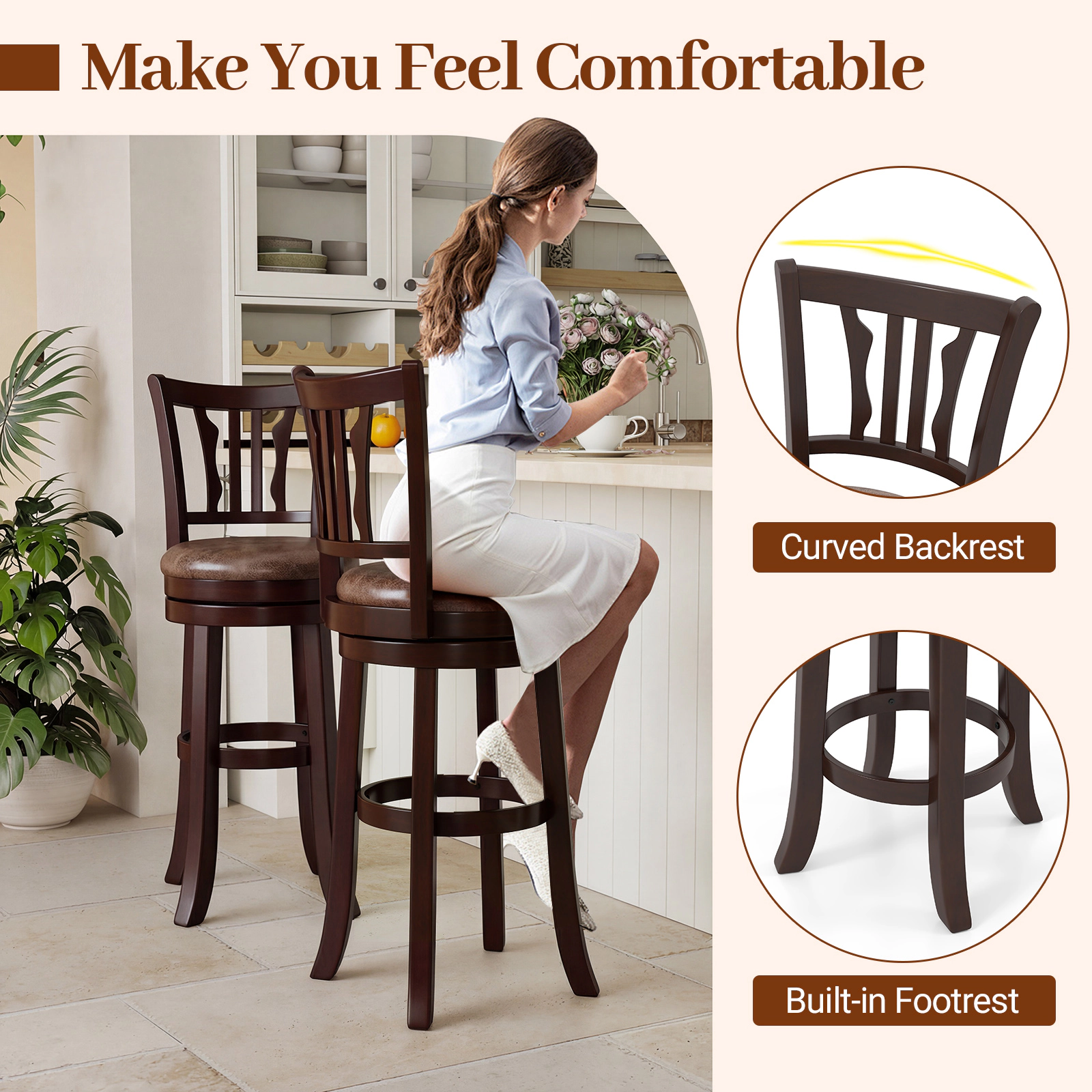 SUGIFT Set of 2 26-in Seat H Swivel Backrest and Footrest 400-lb Rated Counter Height Bar Stools Cappuccino