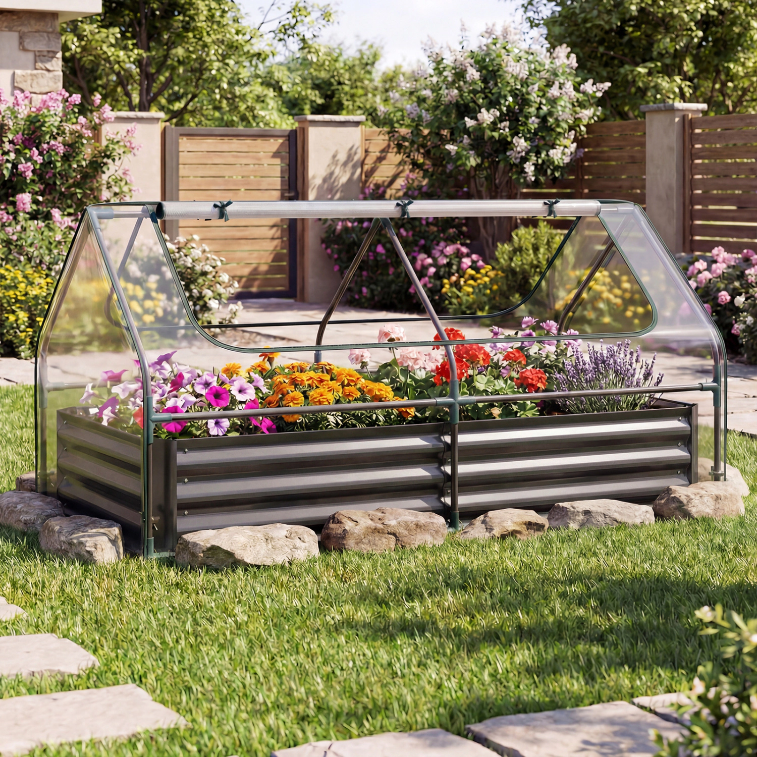 LJG 69 x 33 x 12 Inch Galvanized Raised Garden Bed with Cover