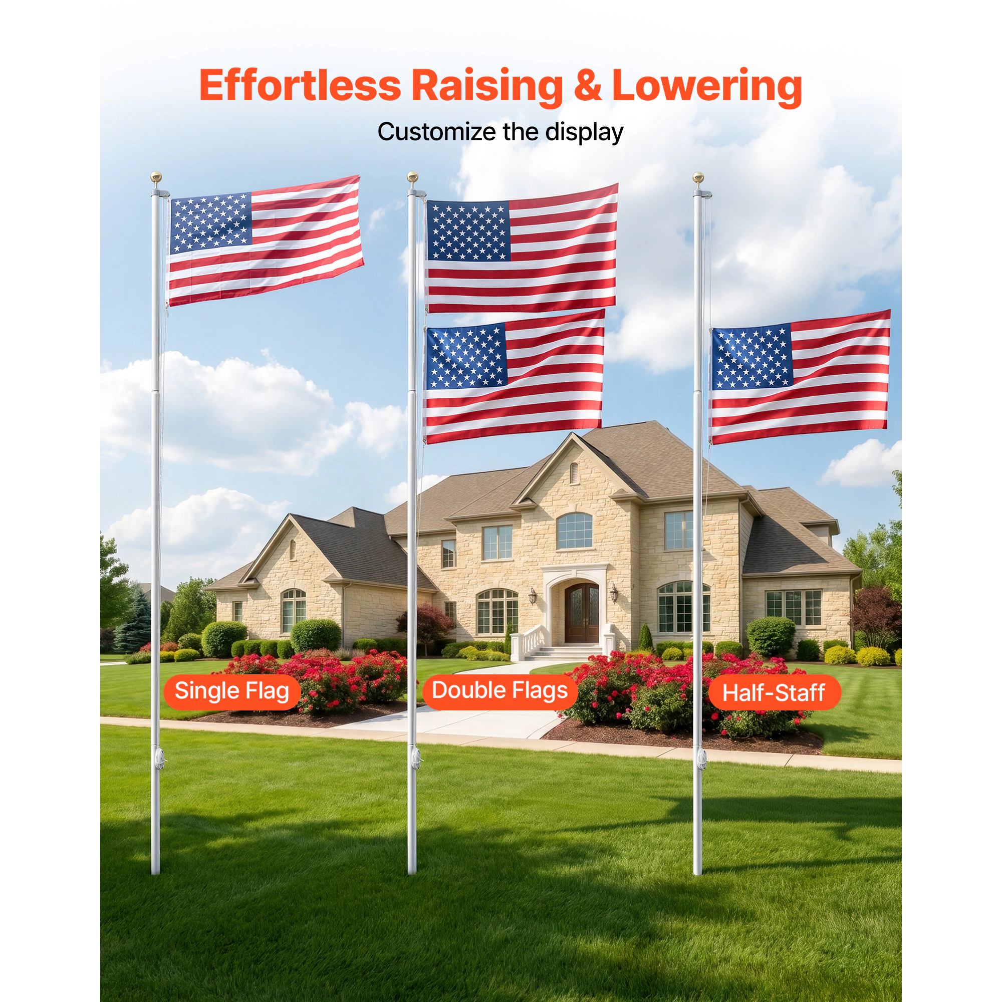 HONGGE 25 ft Sectional Flag Pole Kit, Heavy Duty Aluminum In-Ground Flagpole with 3x5 American Flag, Silver