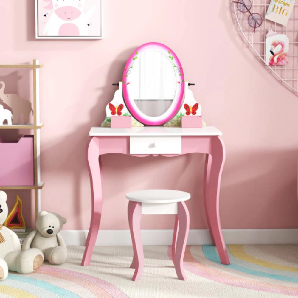 Hivvago Kids Vanity Table And Stool Set With 360Â° Rotating Mirror And Whiteboard-Pink