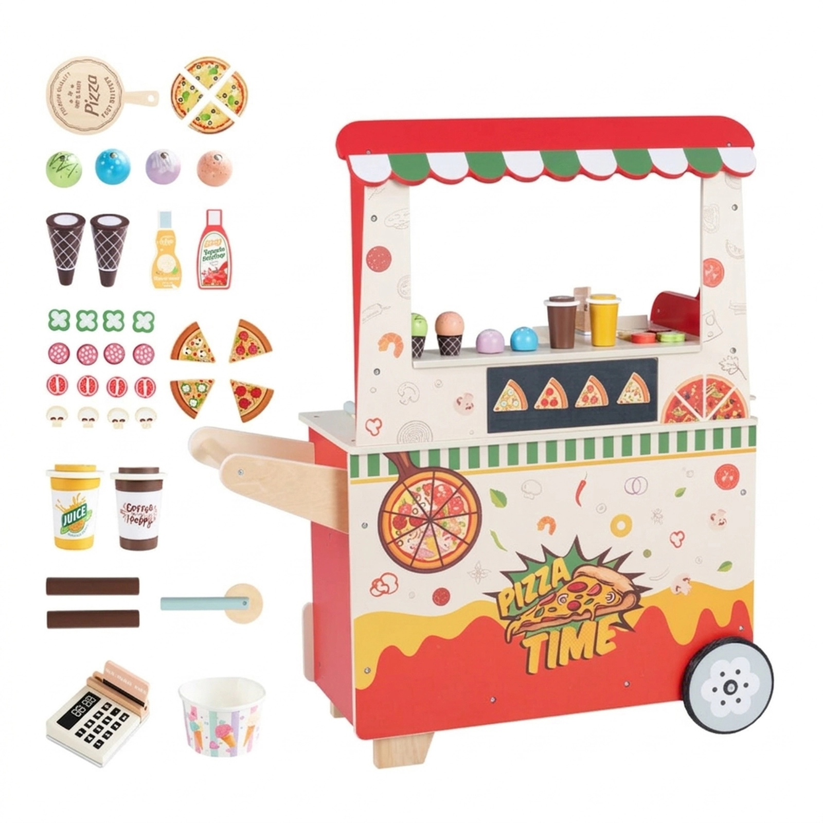 SUGIFT Wooden Pizza Food Truck Pretend Play Snack Cart with Oven Ages 3+ Pink with 40-Piece Accessory Set