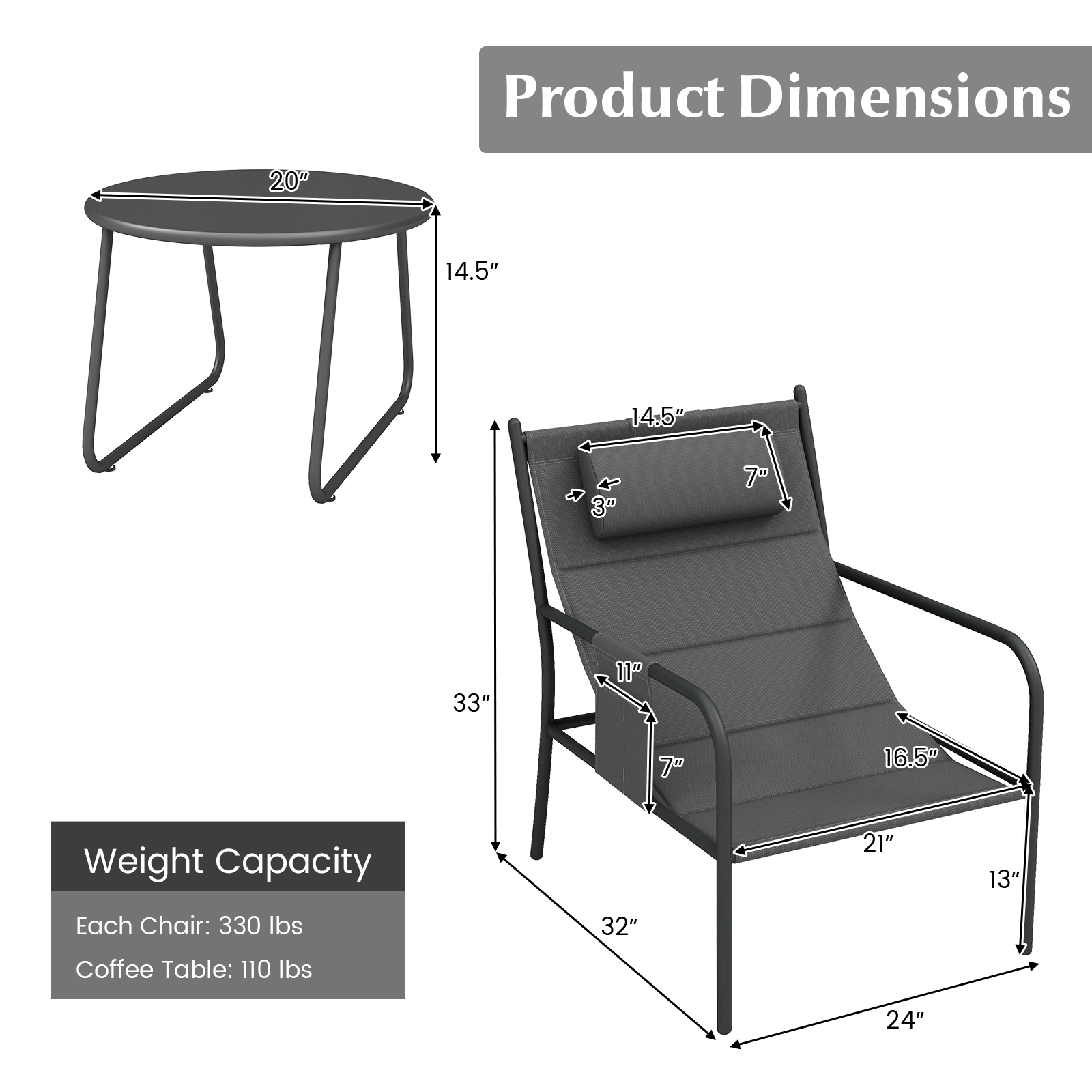 SUGIFT 3 Piece Outdoor Bistro Conversation Set with Metal Chairs and Coffee Table 330-lb Chair Capacity Gray