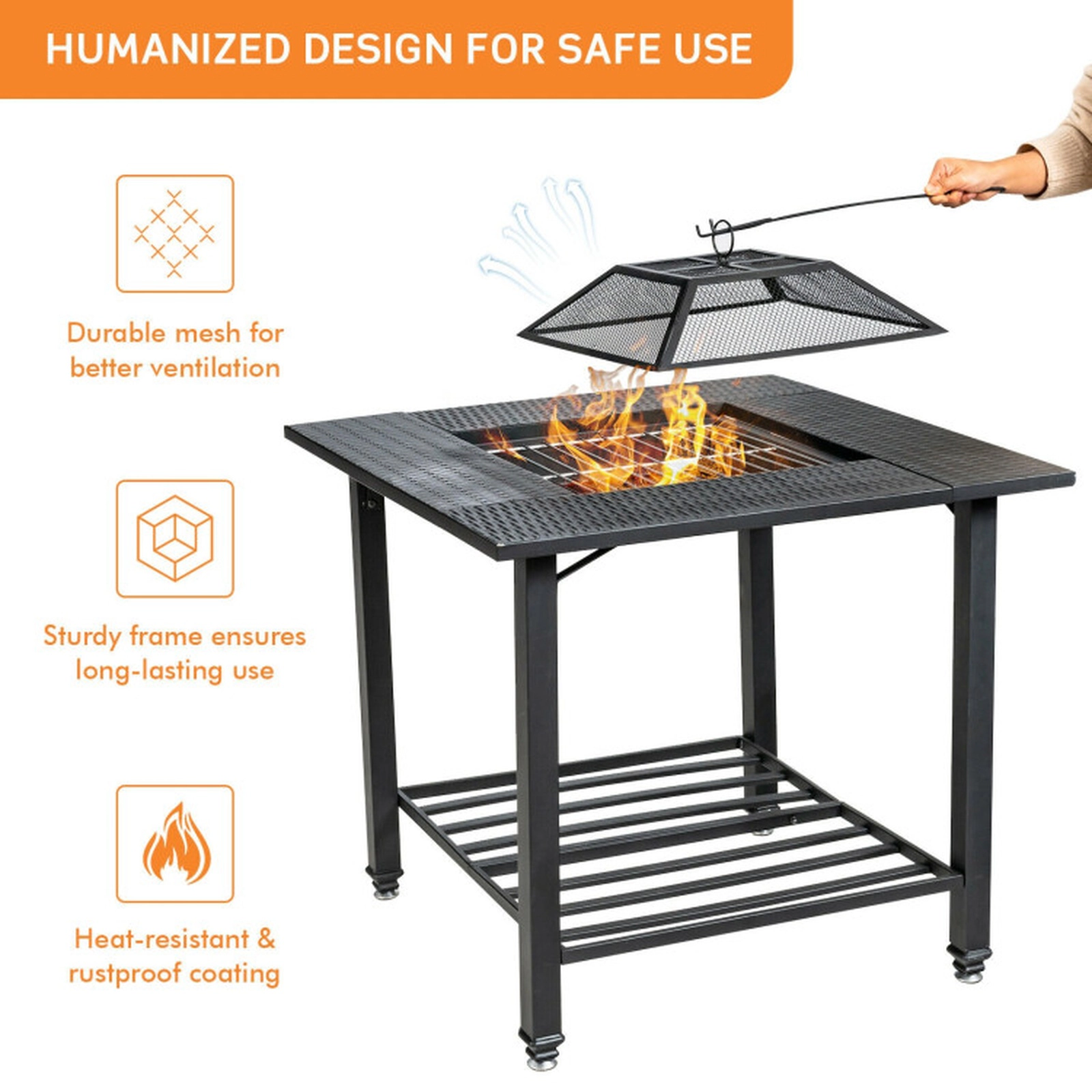 SUGIFT Square Black Fire Pit Dining Table with Grill Grate and Lid 31-in W 31-in D 31-in H 44-lb Tabletop Capacity
