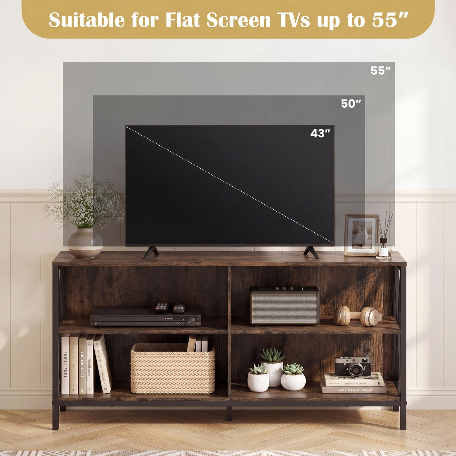 SUGIFT Wooden TV Stand Entertainment for TVs up to 55 Inch with X-Shaped Frame 310-lb Capacity Rustic Brown