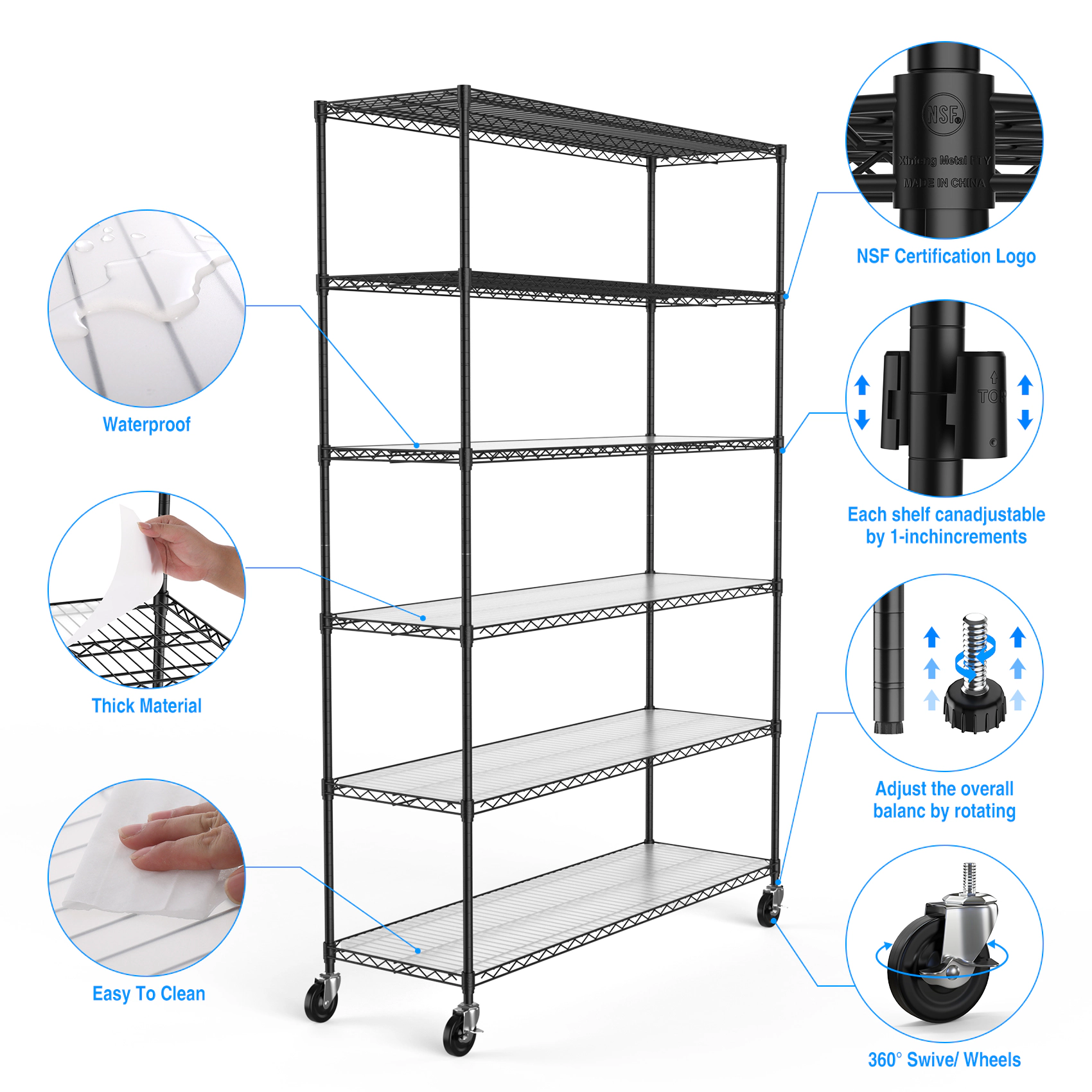 Flynama 6 Tier Wire Shelving 6000 LBS NSF with Wheels Adjustable Height Garage Storage Unit in Black