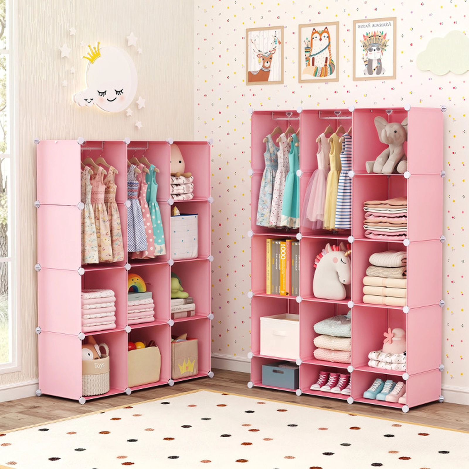 SUGIFT Kids 10-Cube Stackable Hanging Rod Modular Wardrobe Closet 43-in x 14-in x 57-in 6.5-lb per Cube Pink