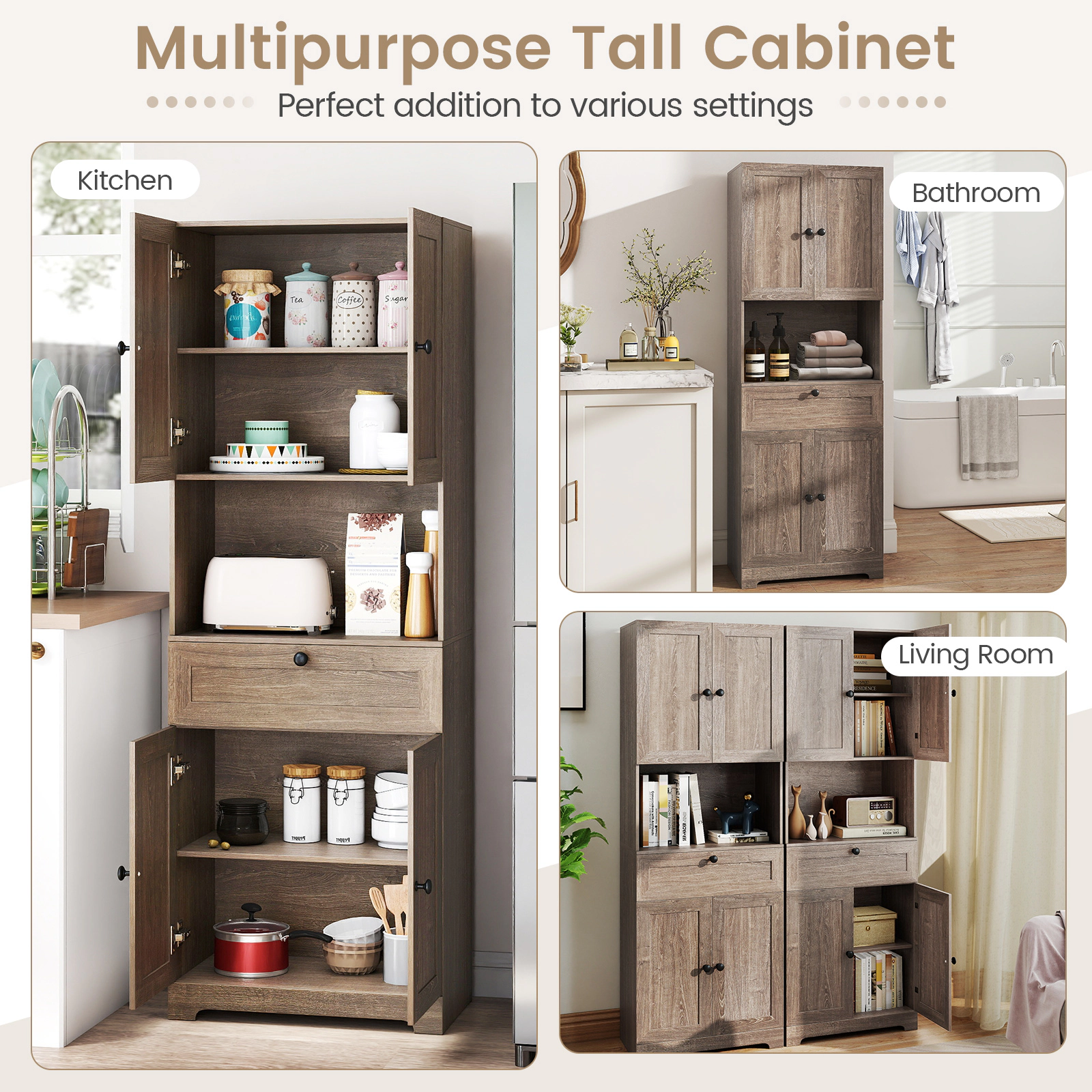 SUGIFT 4 Doors 1 Drawer Adjustable Shelf Tall Storage Cabinet 23.5-in x 14-in x 67.5-in 243-lb Capacity Gray Oak