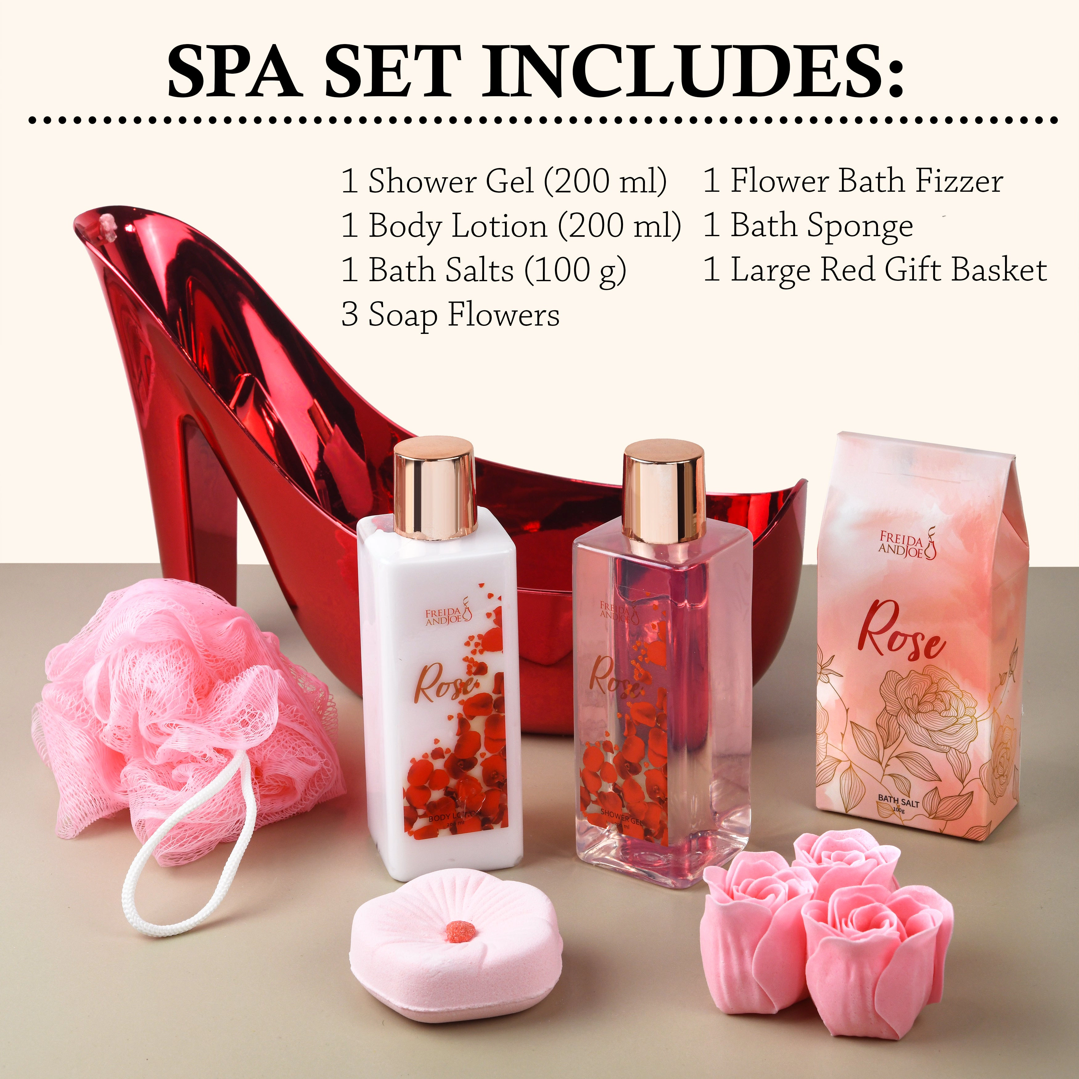 Freida and Joe Women Elegant Rose Bath and Body Set Red High Heel Shoe Luxurious Spa Gift Basket