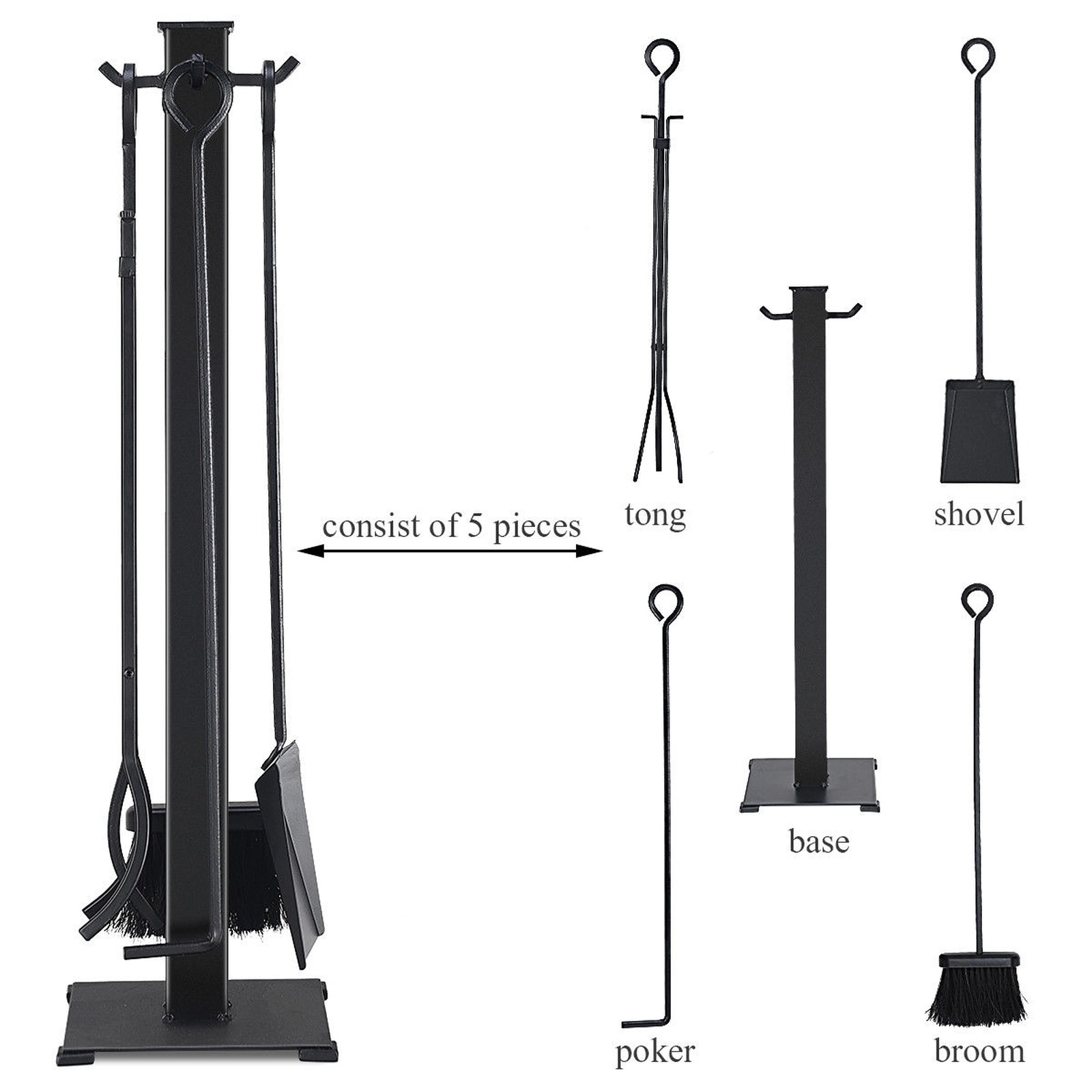 SUGIFT 5-Piece Side Hooks Rust-Resistant Steel Fireplace Tool Set 8.5-in x 8.5-in x 32-in Stand 14.5-lb Black
