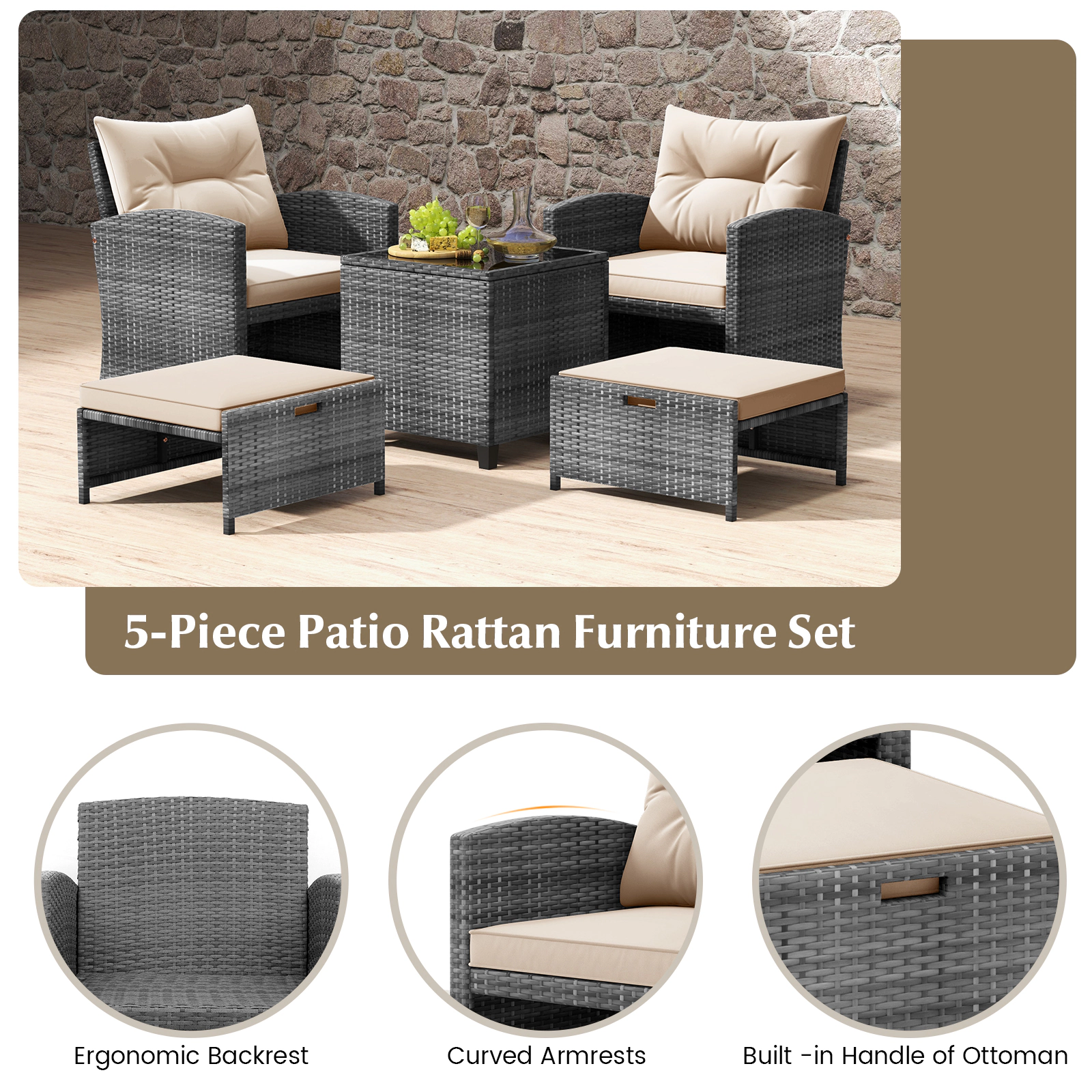 SUGIFT 5-Piece Mix Gray PE Rattan Patio Set with 2 Chairs, 2 Ottomans and Glass Table