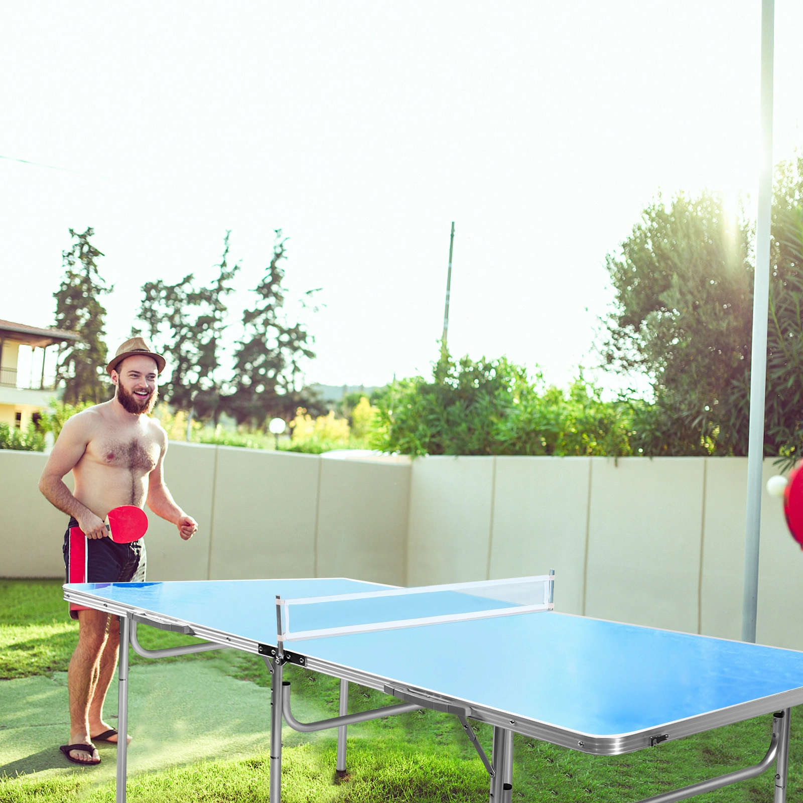 SUGIFT Blue Portable Folding Ping Pong Table with 2 Paddles Net and Built-In Handles 60-in W 30-in D 30-in H
