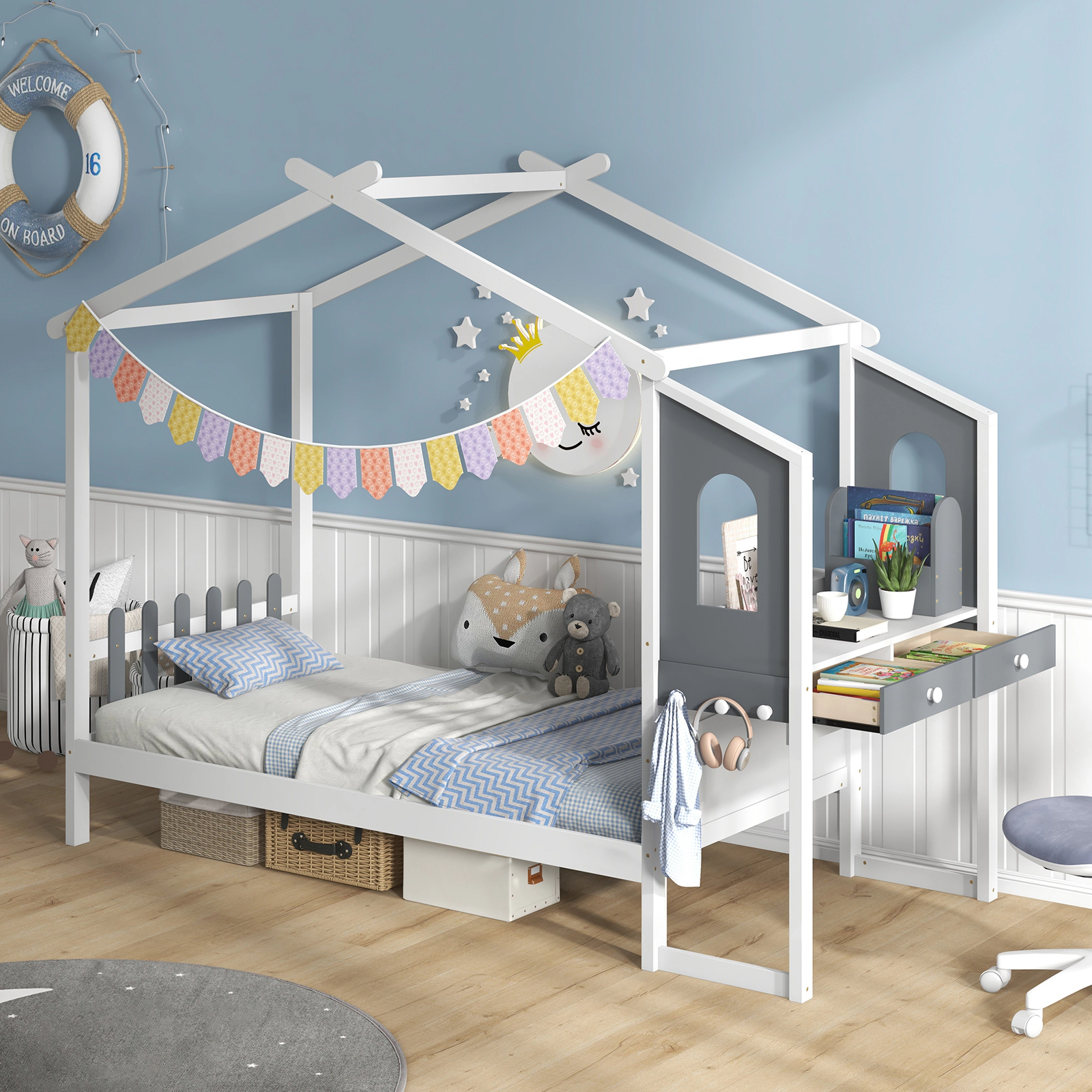 SUGIFT White and Gray Roof Canopy Fence and Study Desk Kids House Bed Frame
