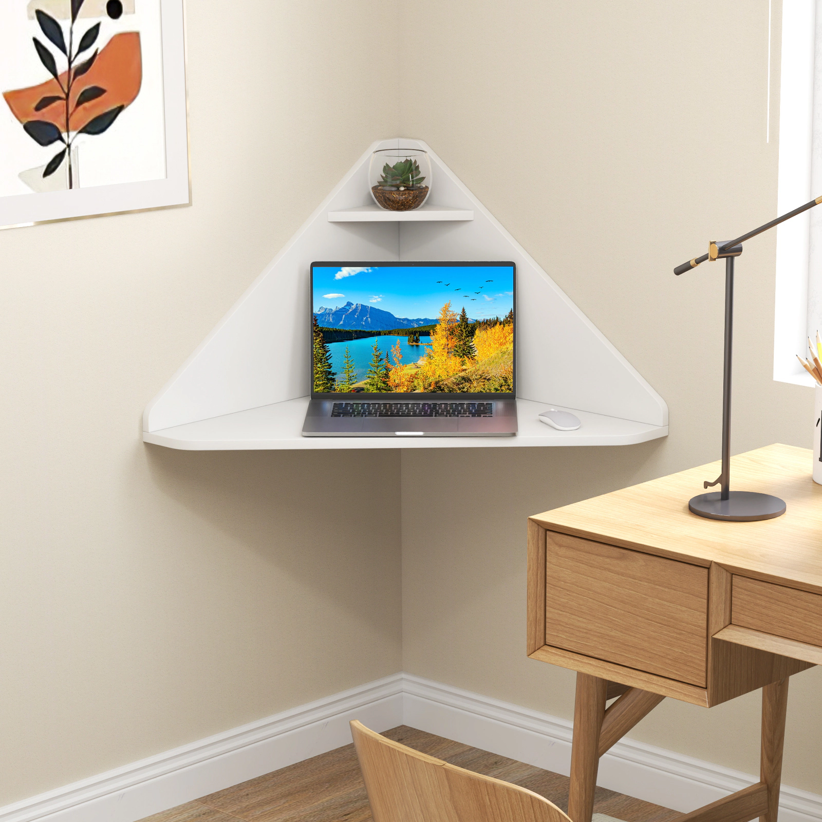SUGIFT White Triangular Corner Floating Desk with Lower Shelf