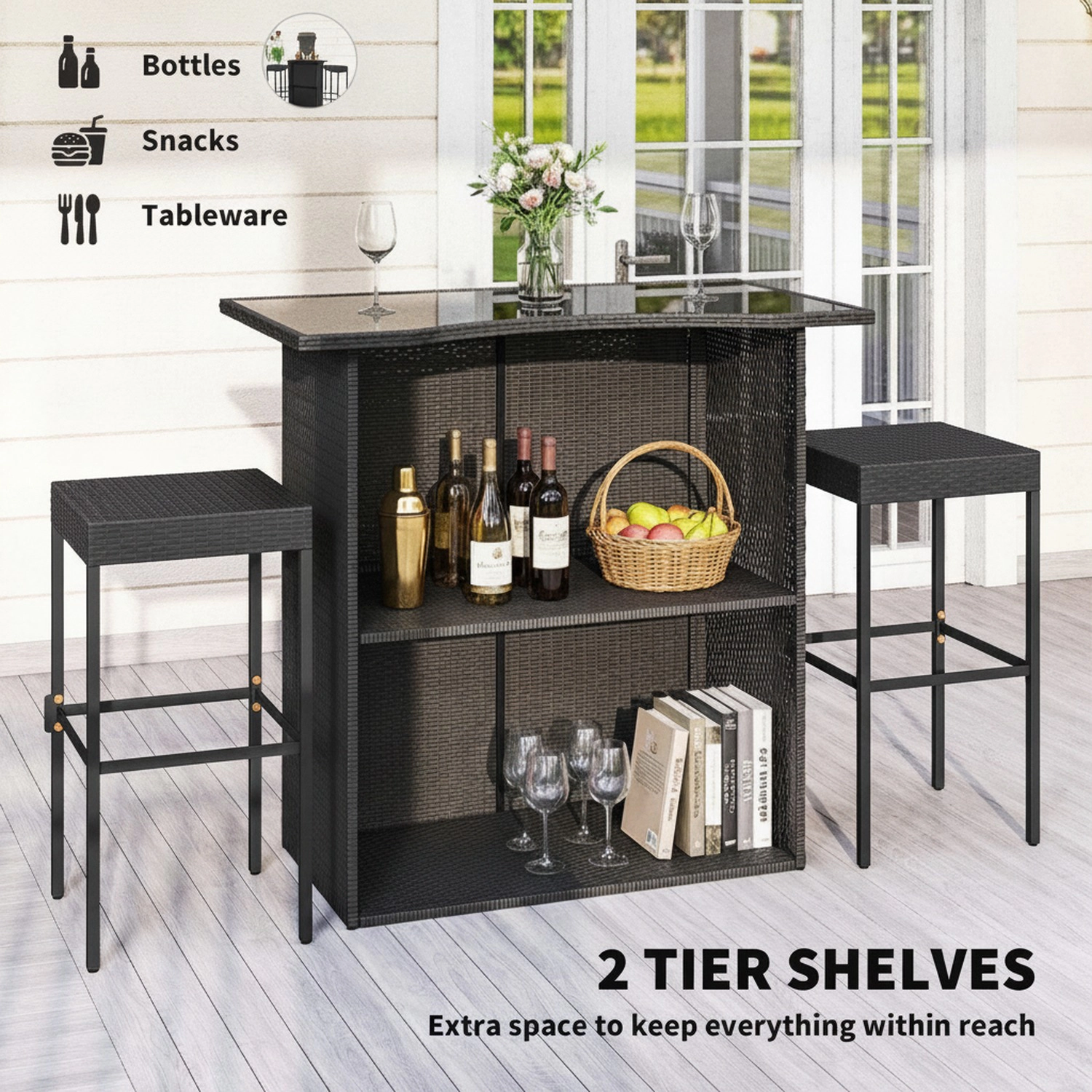 HONGGE 5 Piece Rattan Wicker Bar Set High Top Outdoor Table and Chairs Height Patio 2 Shelves & 4 Stools
