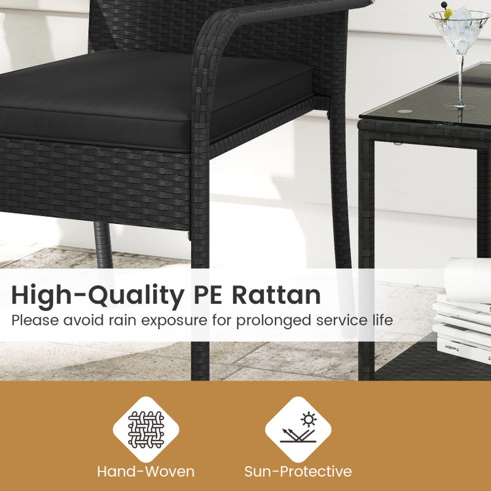 SUGIFT 3-Piece Black Patio Furniture Set with 2 Rattan Chairs and 2-Tier Side Table 400-lb Per Chair