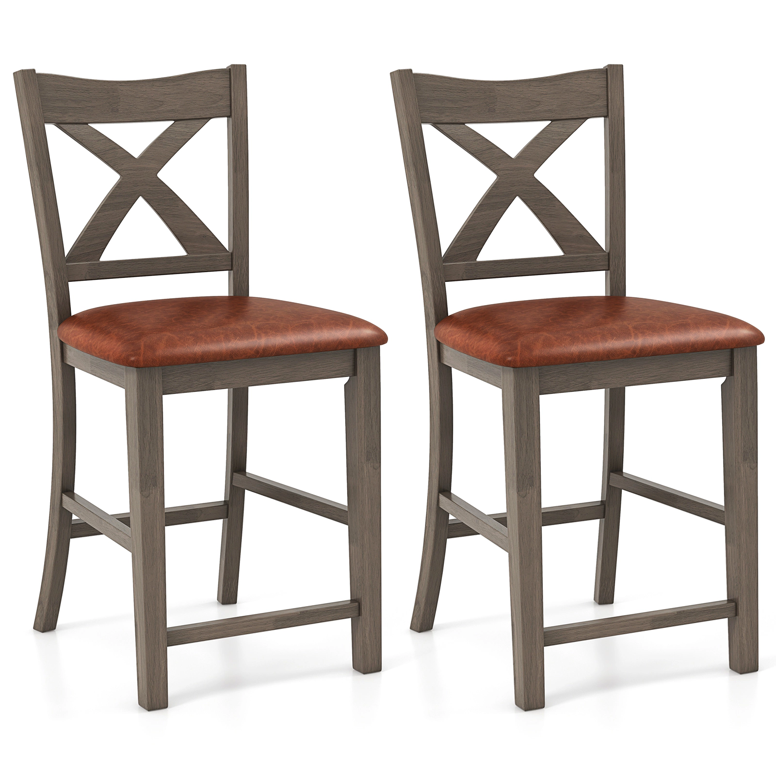 SUGIFT Faux Leather Upholstered Seat and Wood Frame Set of 2 Gray Cross Back Bar Stools