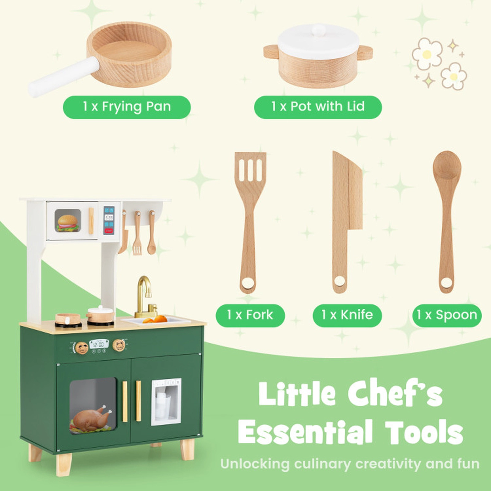 SUGIFT Kids Play Kitchen Wooden Playset with Microwave Ice Dispenser and 5 Accessories