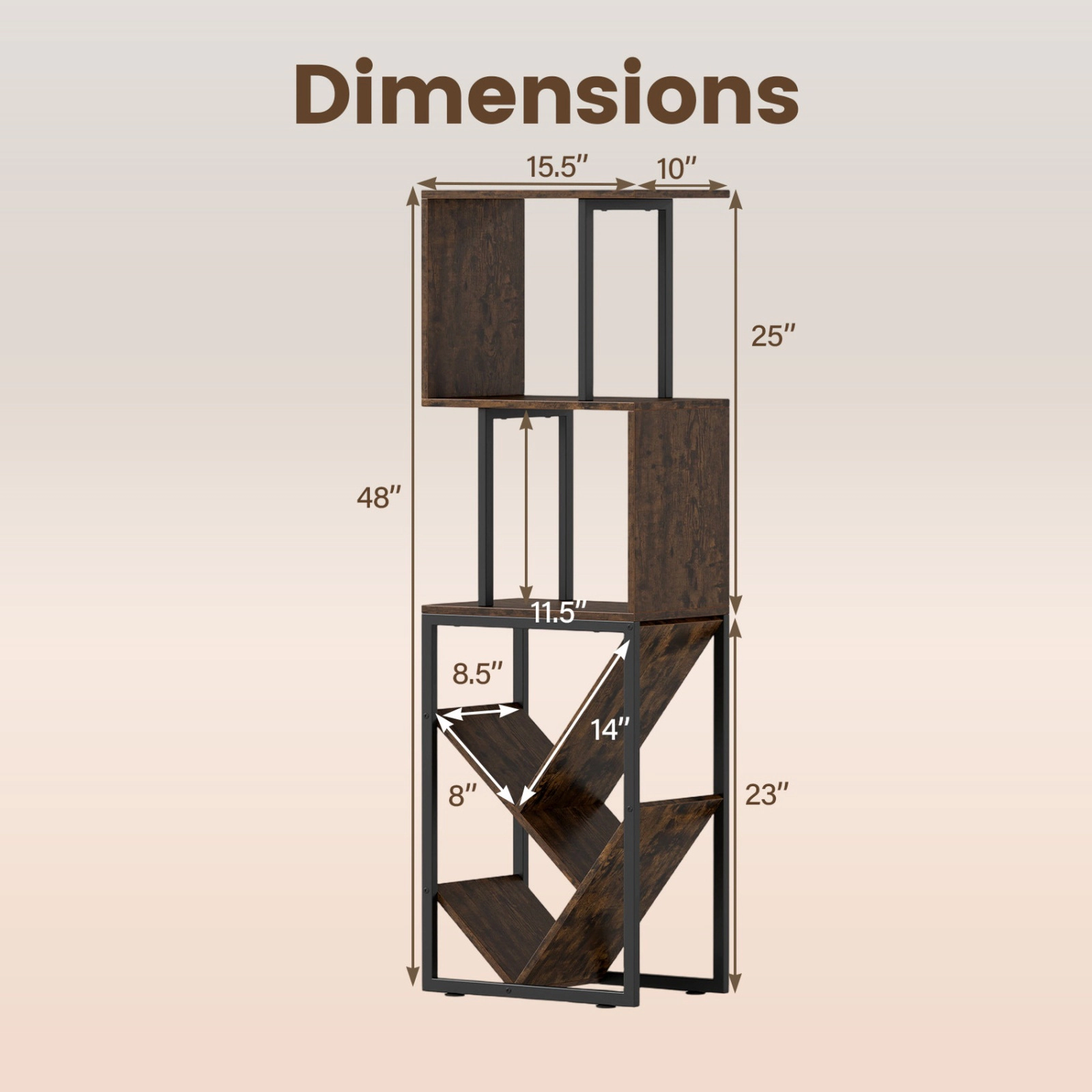 SUGIFT 6-Tier 48-in S-Shaped Geometric Tree Bookshelf Floor Standing with 2 Anti-Toppling Kits for Study