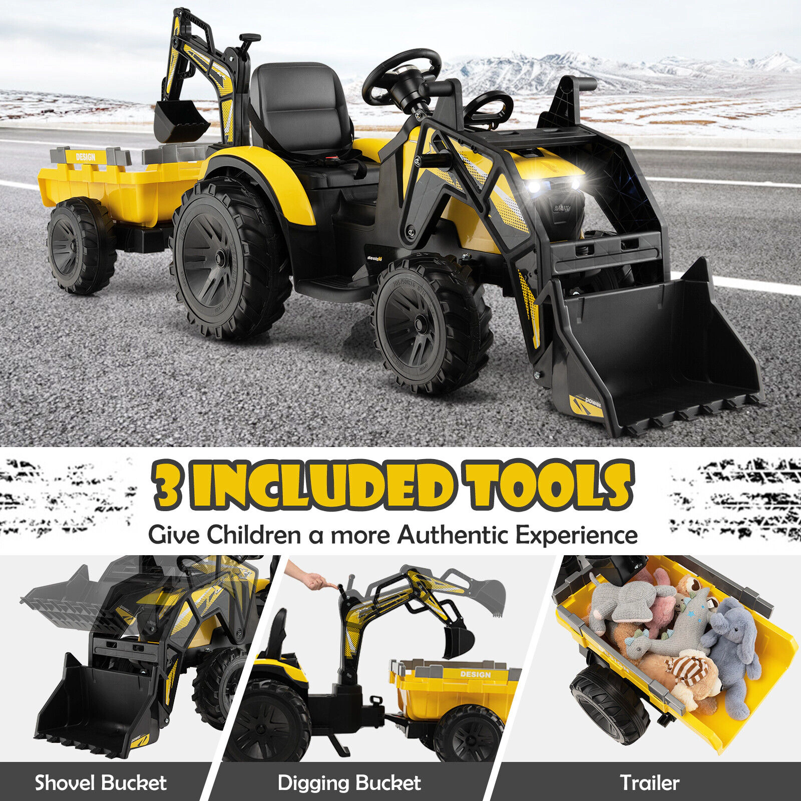 12V 3-in-1 Kids Ride On Excavator Shovel Bucket Digging Arm Trailer Battery Display Parent Remote Tractor Kids Yellow