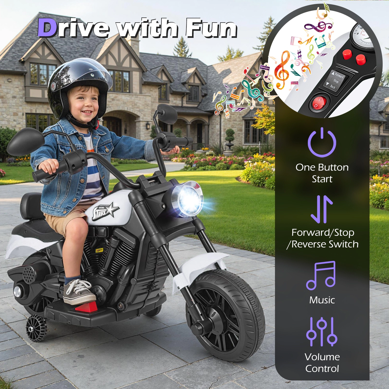 SUGIFT 6V Kids Motorcycle Headlight & Music with Training Wheels 66-lb Capacity over 18 Months 31 x 23 x 22 in White