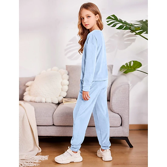 Arshiner Girls Soft Velour Crew Neck Long Sleeve 2-Piece Tracksuit Jogger Outfit Set