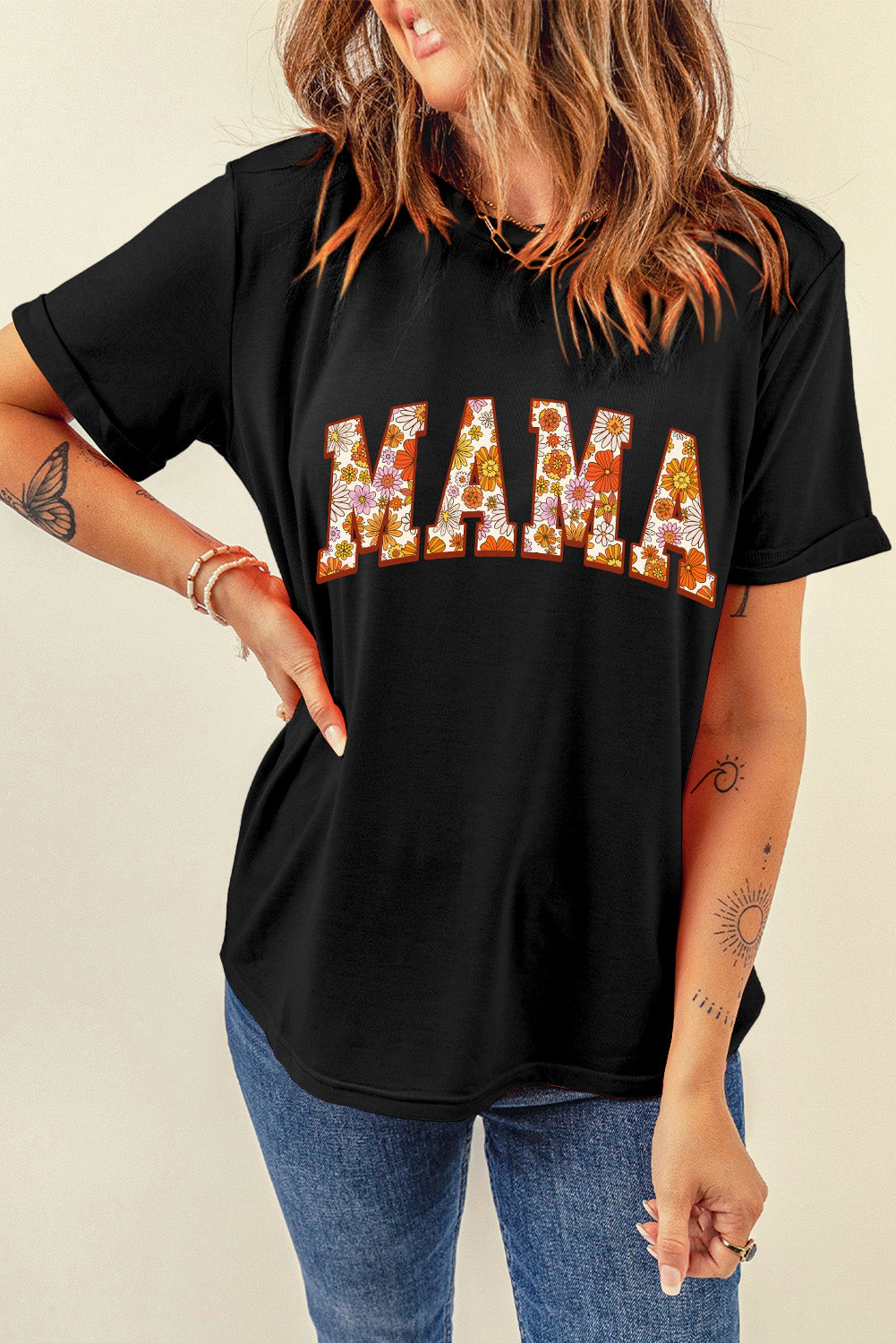 Threaded Pear Women's Sunny Flower MAMA Letter Graphic Tee