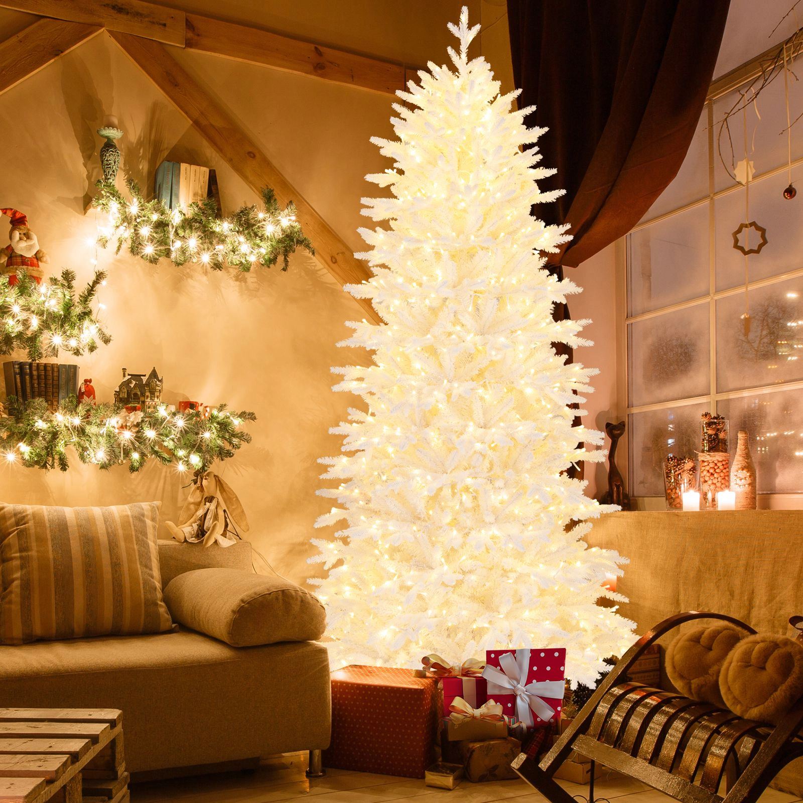 SlickBlue Artificial Xmas Tree 7 Ft Prelit White Holiday Tree with LED Lights